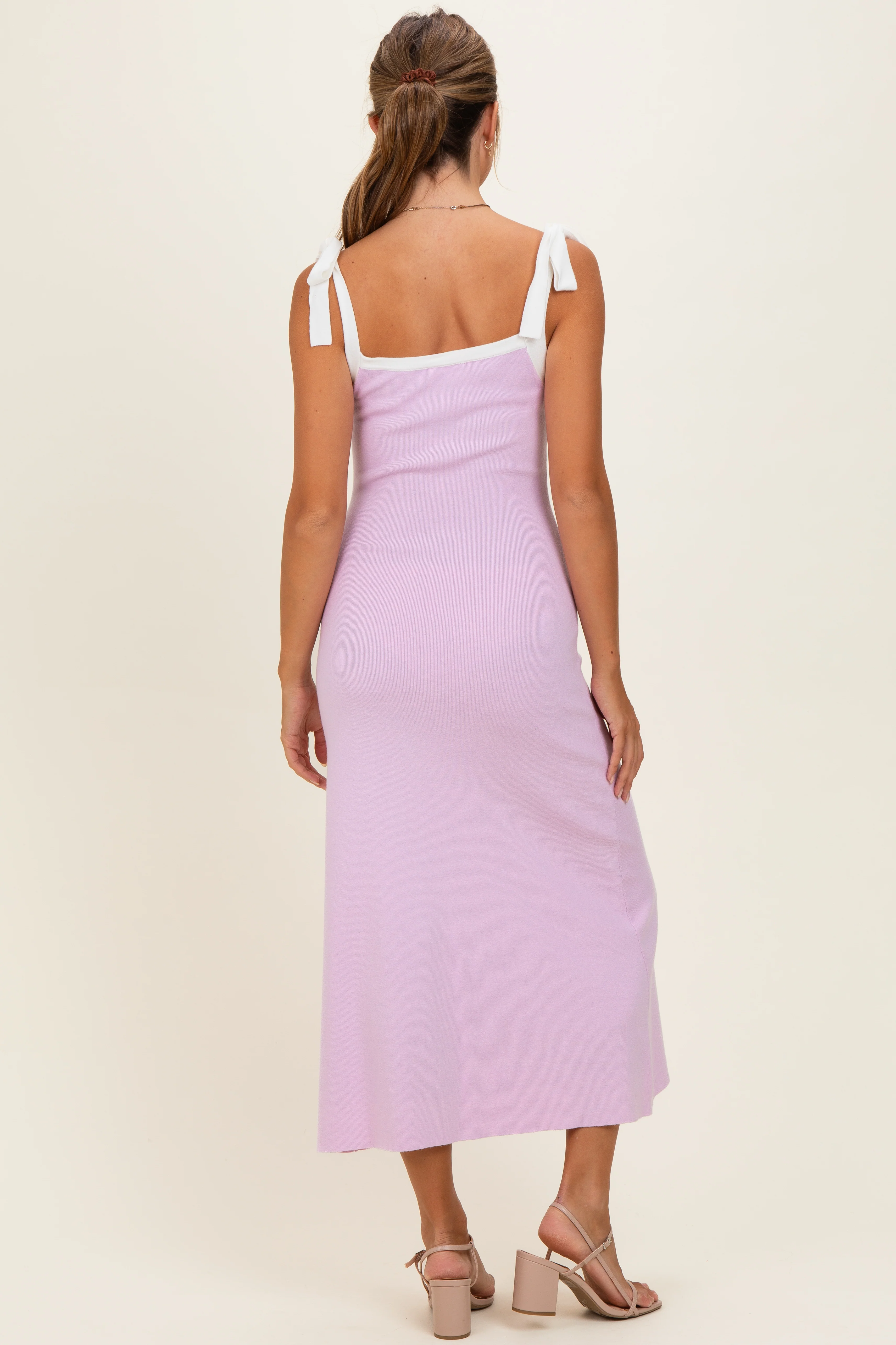 Pink  Knit Contrast Shoulder Tie Dress - Image 3