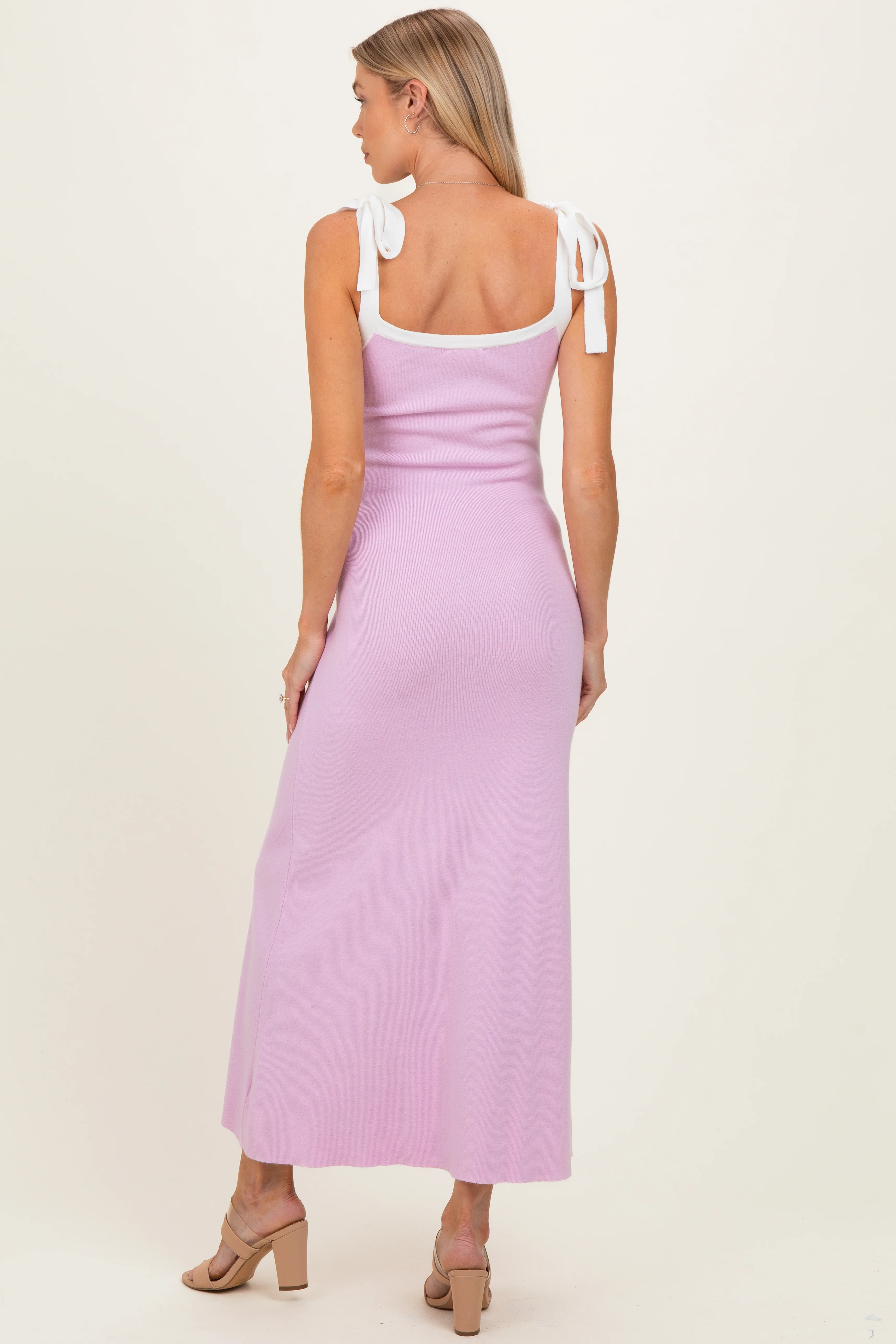 Pink Knit Contrast Shoulder Tie Maternity Dress - Image 3