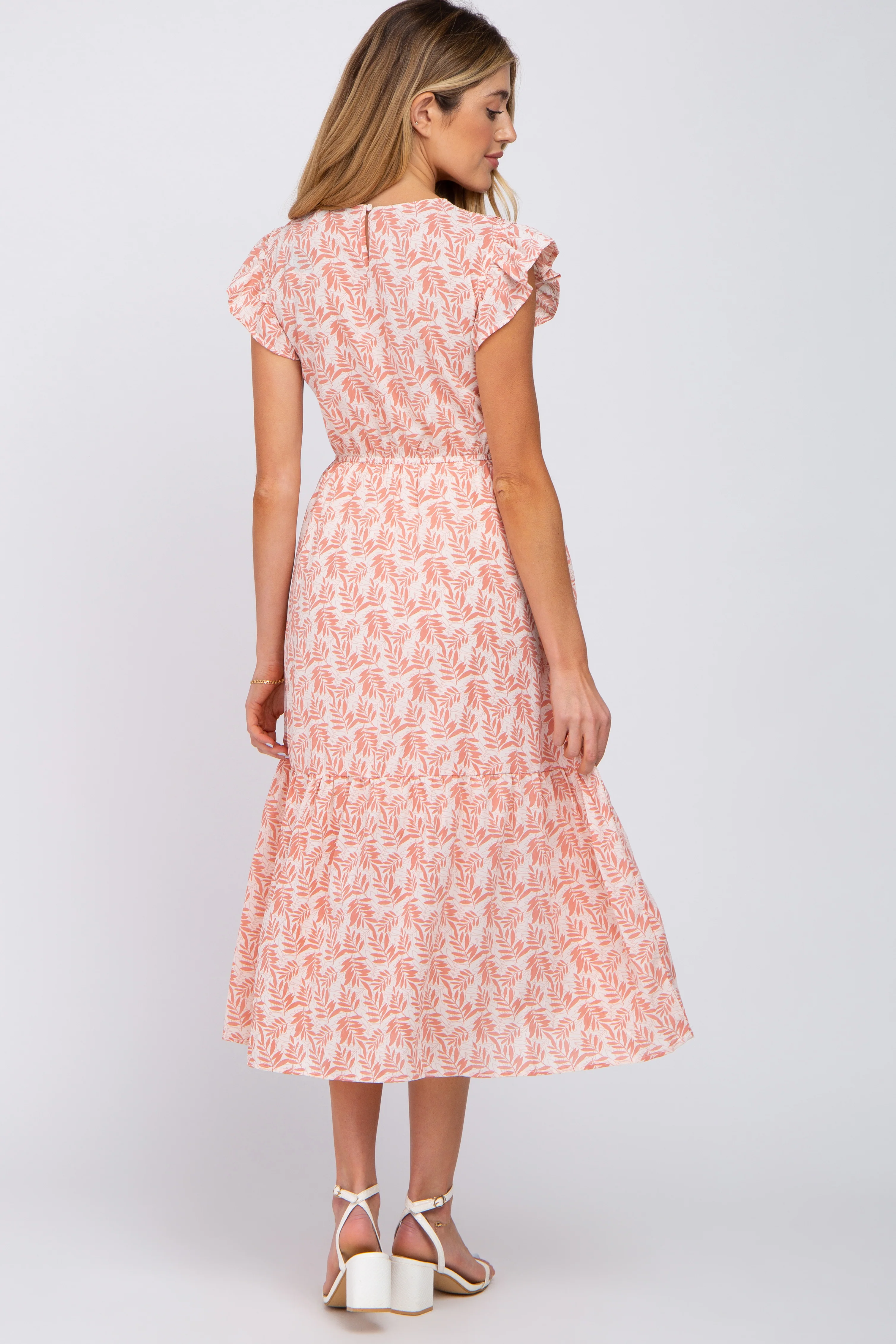 Pink Leaf Print Smocked Ruffle Sleeve Maternity Midi Dress - Image 3