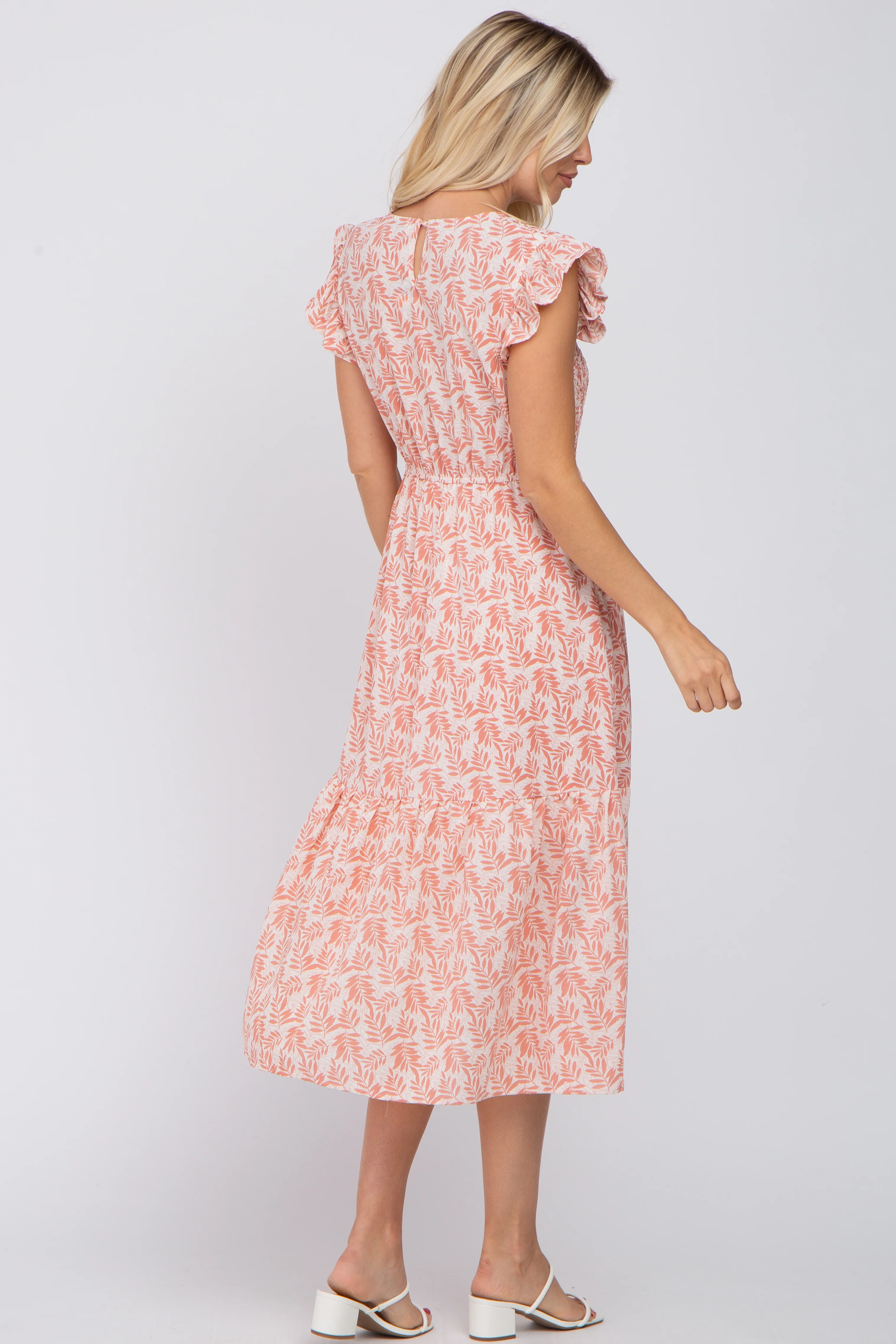 Pink Leaf Print Smocked Ruffle Sleeve Midi Dress - Image 3