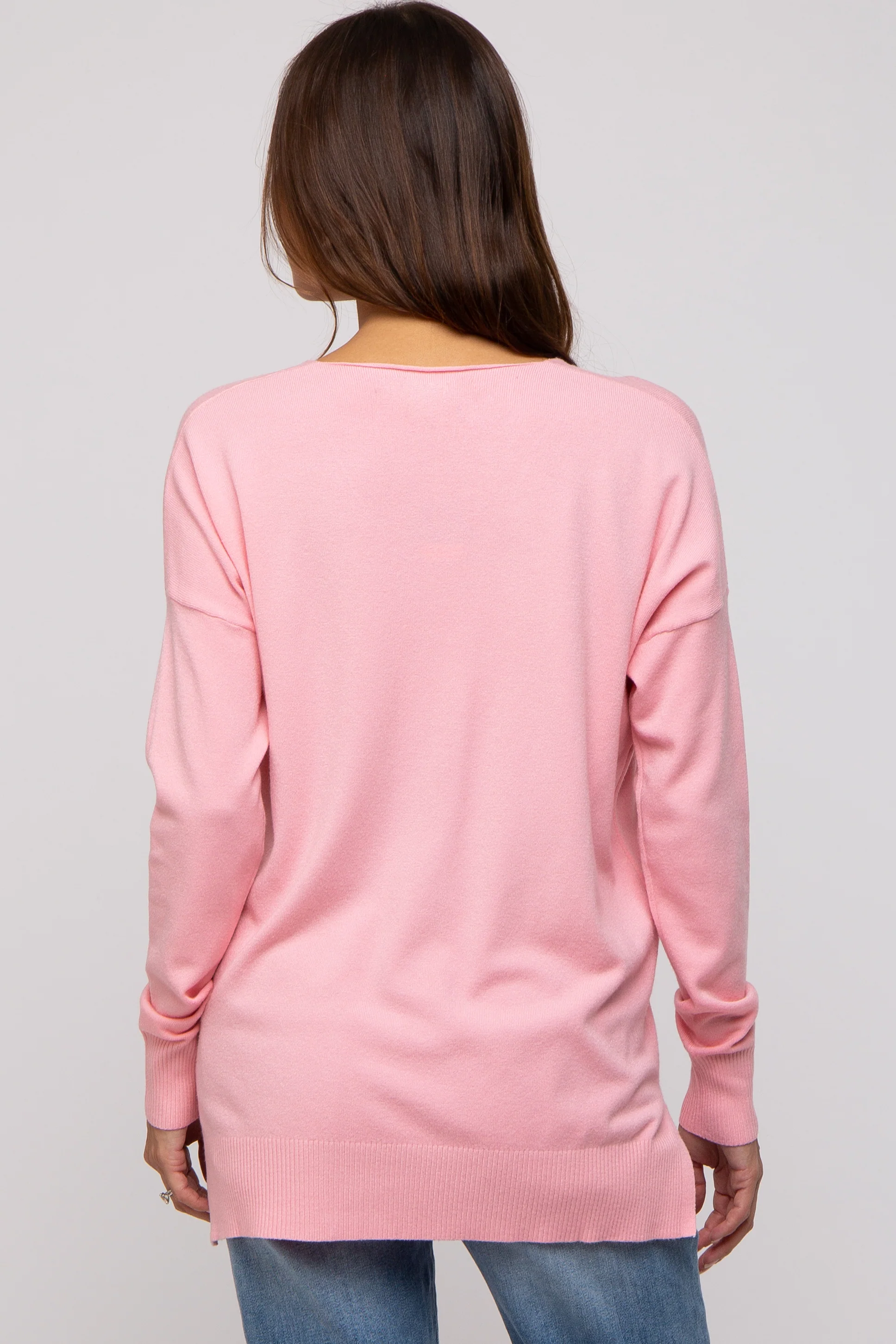 Pink Long Sleeve Side Slit Maternity Sweater - Image 3