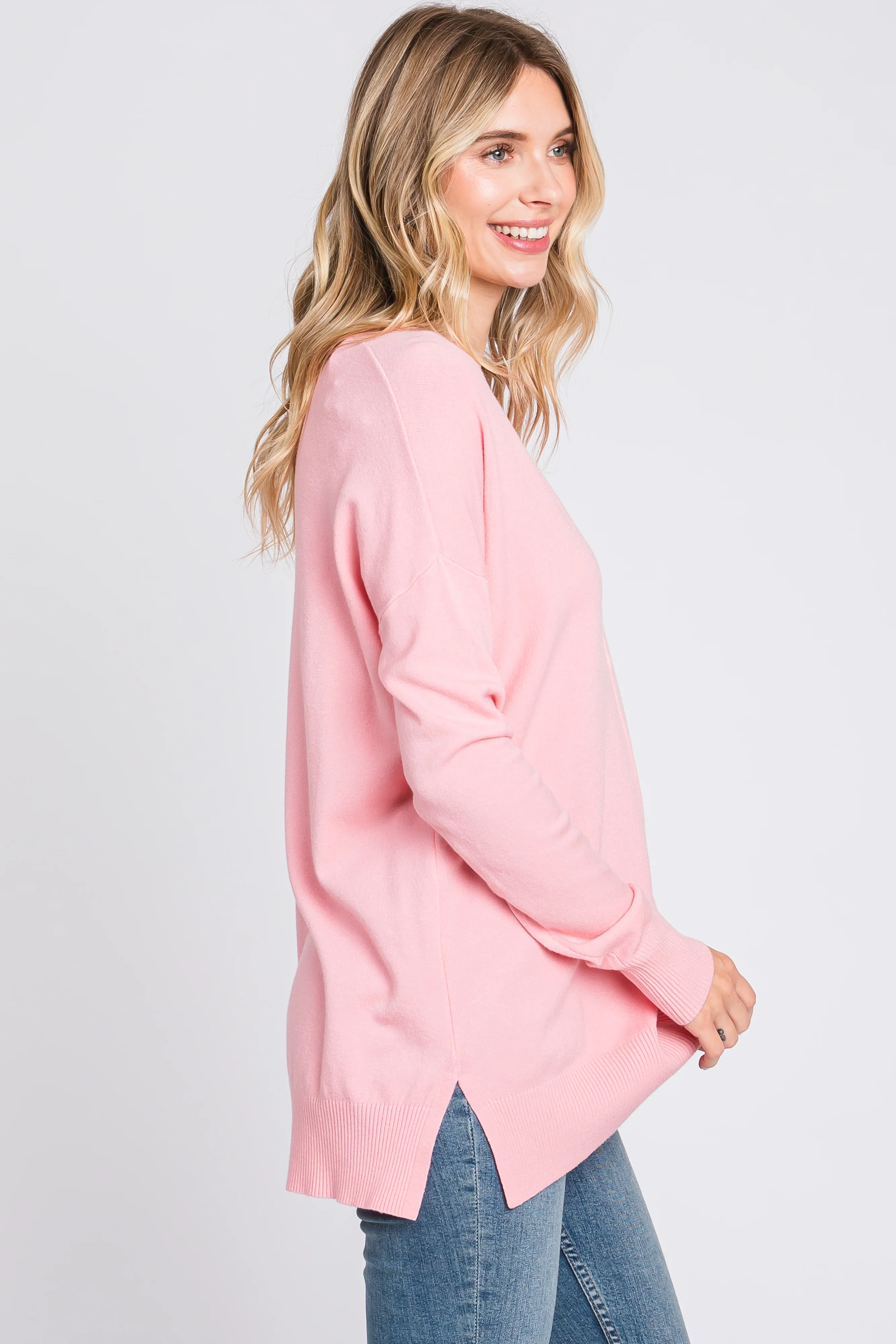 Pink Long Sleeve Side Slit Sweater - Image 4