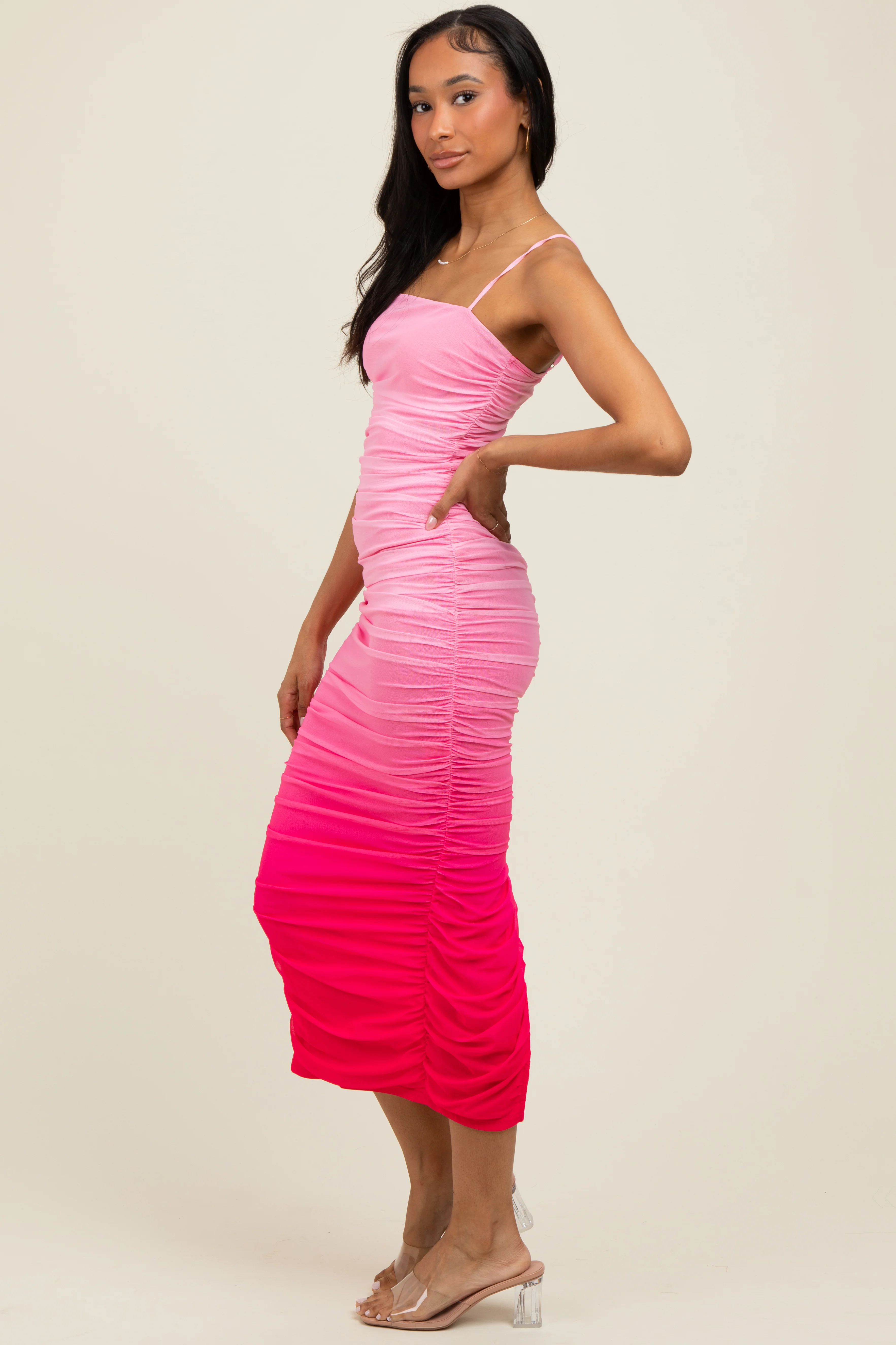 Pink Mesh Ombre Ruched Midi Dress - Image 3