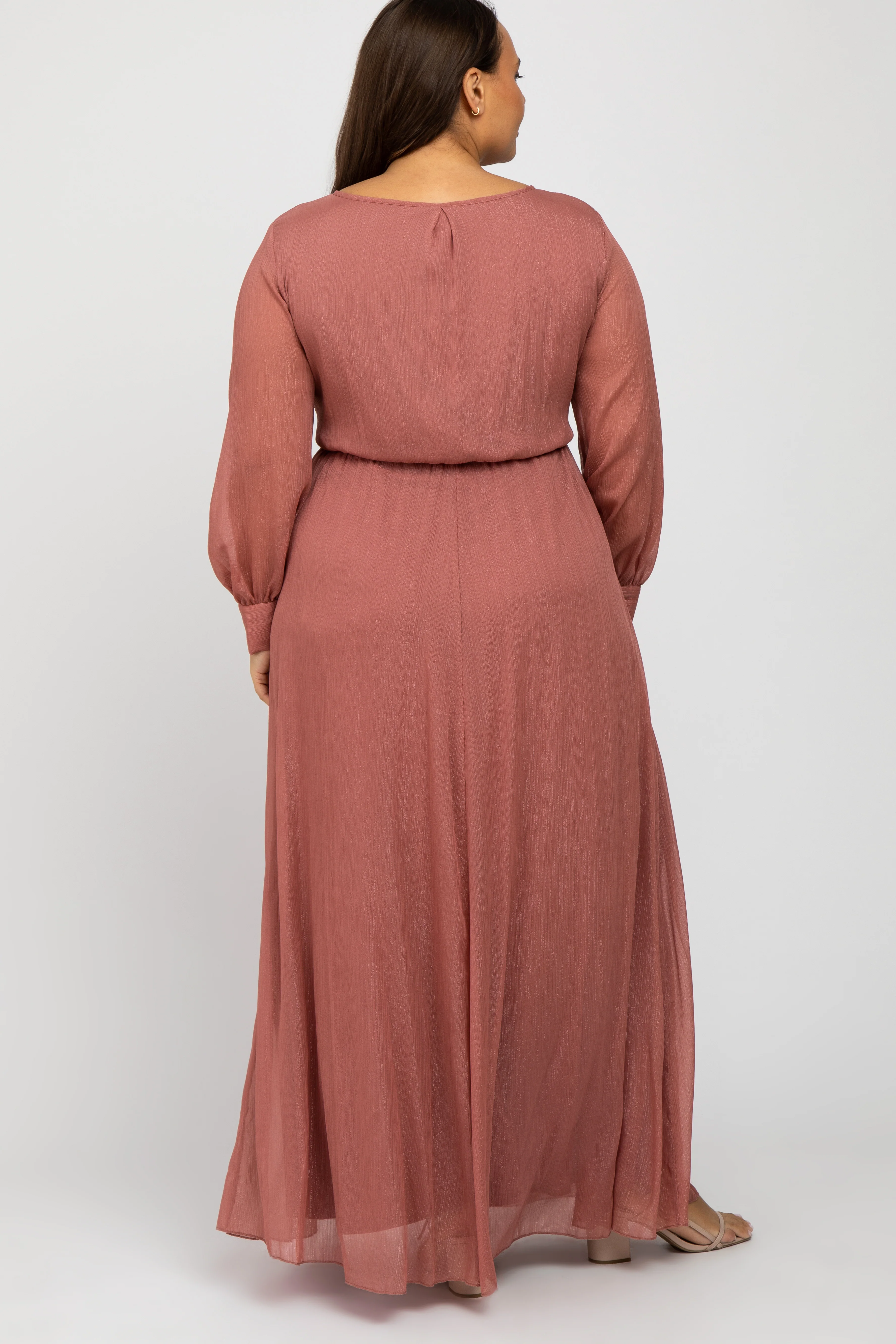 Pink Metallic Chiffon Plus Maxi Dress - Image 3