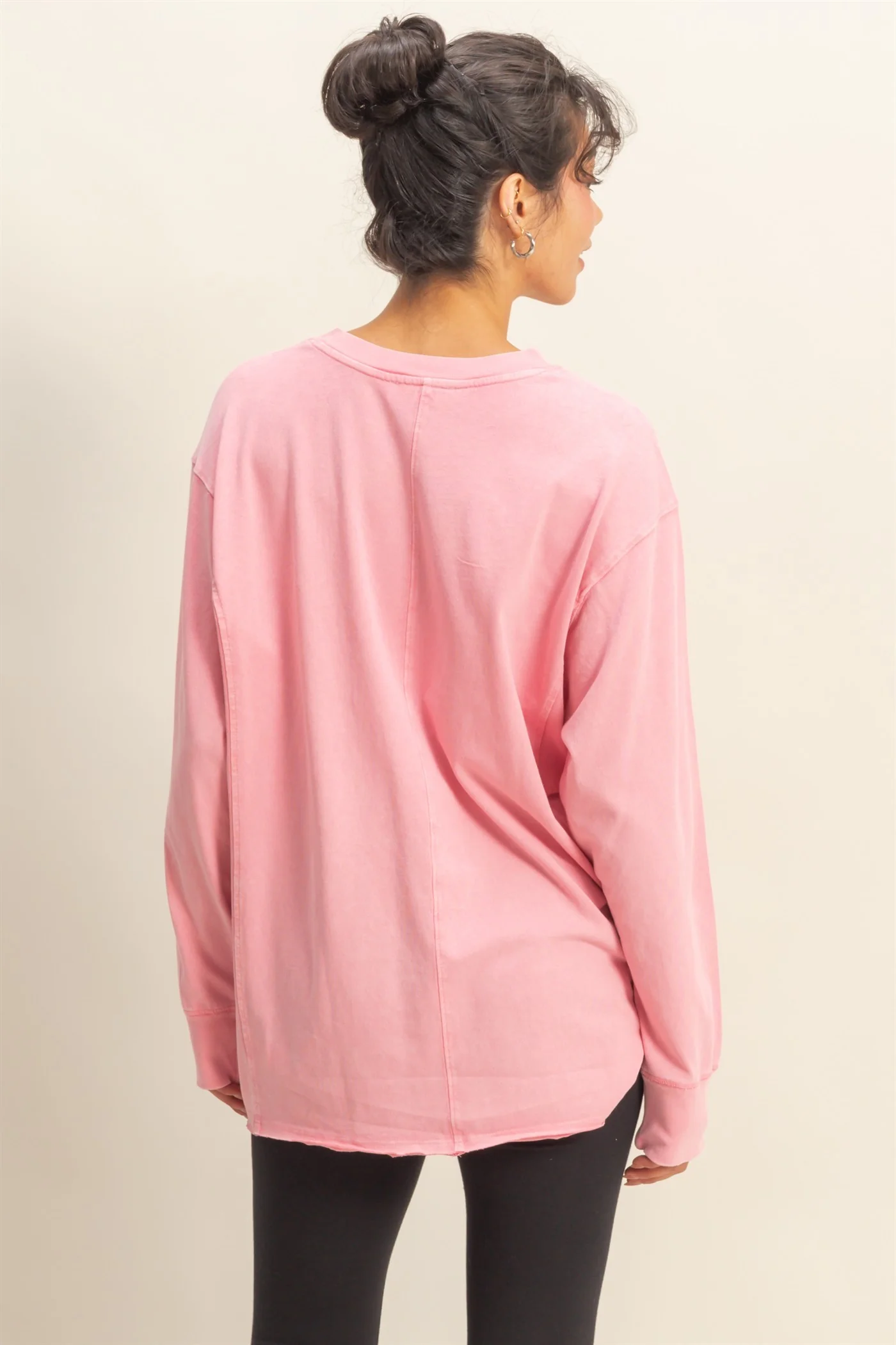 Pink Mineral Washed Drop Shoulder Long Sleeve Top - Image 3