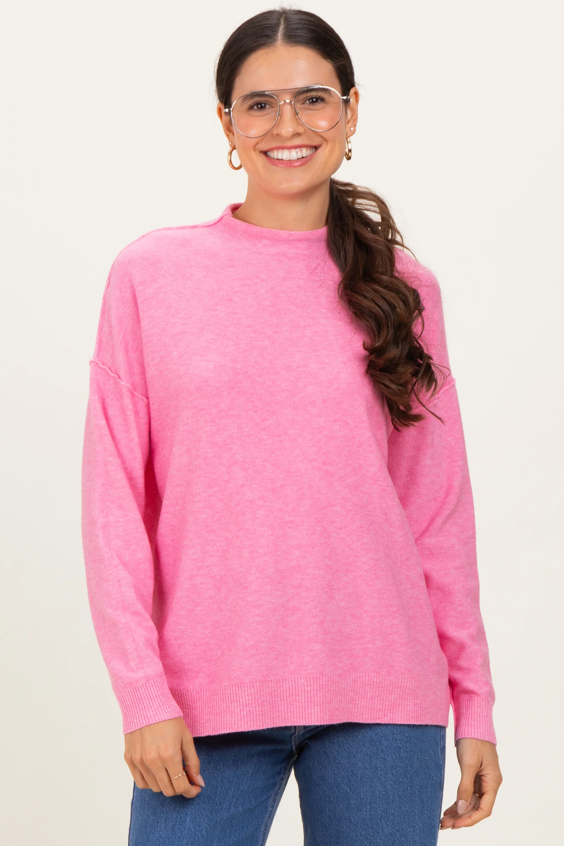 Pink Mock Neck Exposed Seam Maternity Sweater - Image 5