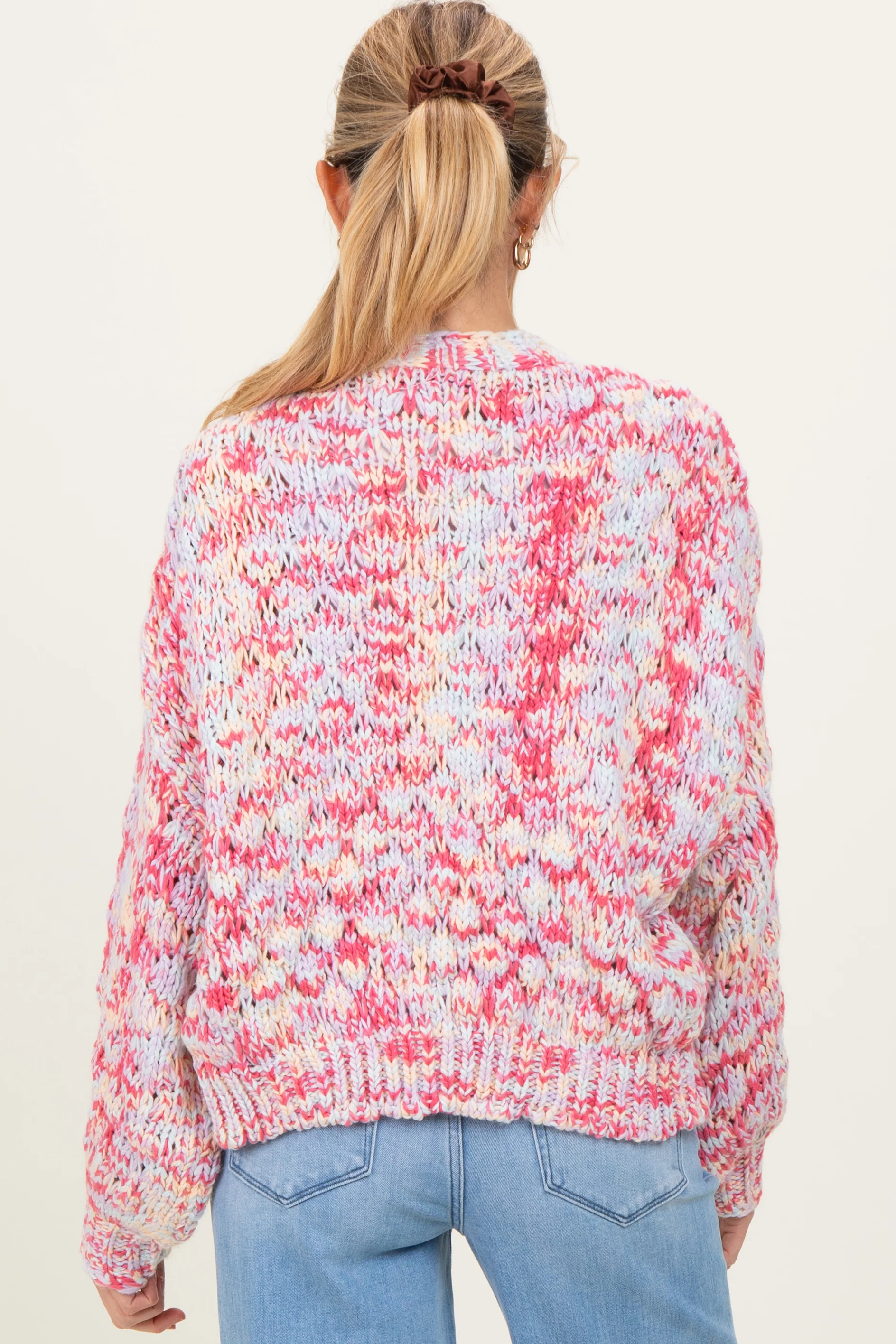 Pink Multicolor Chunky Knit Open Front Maternity Cardigan - Image 4