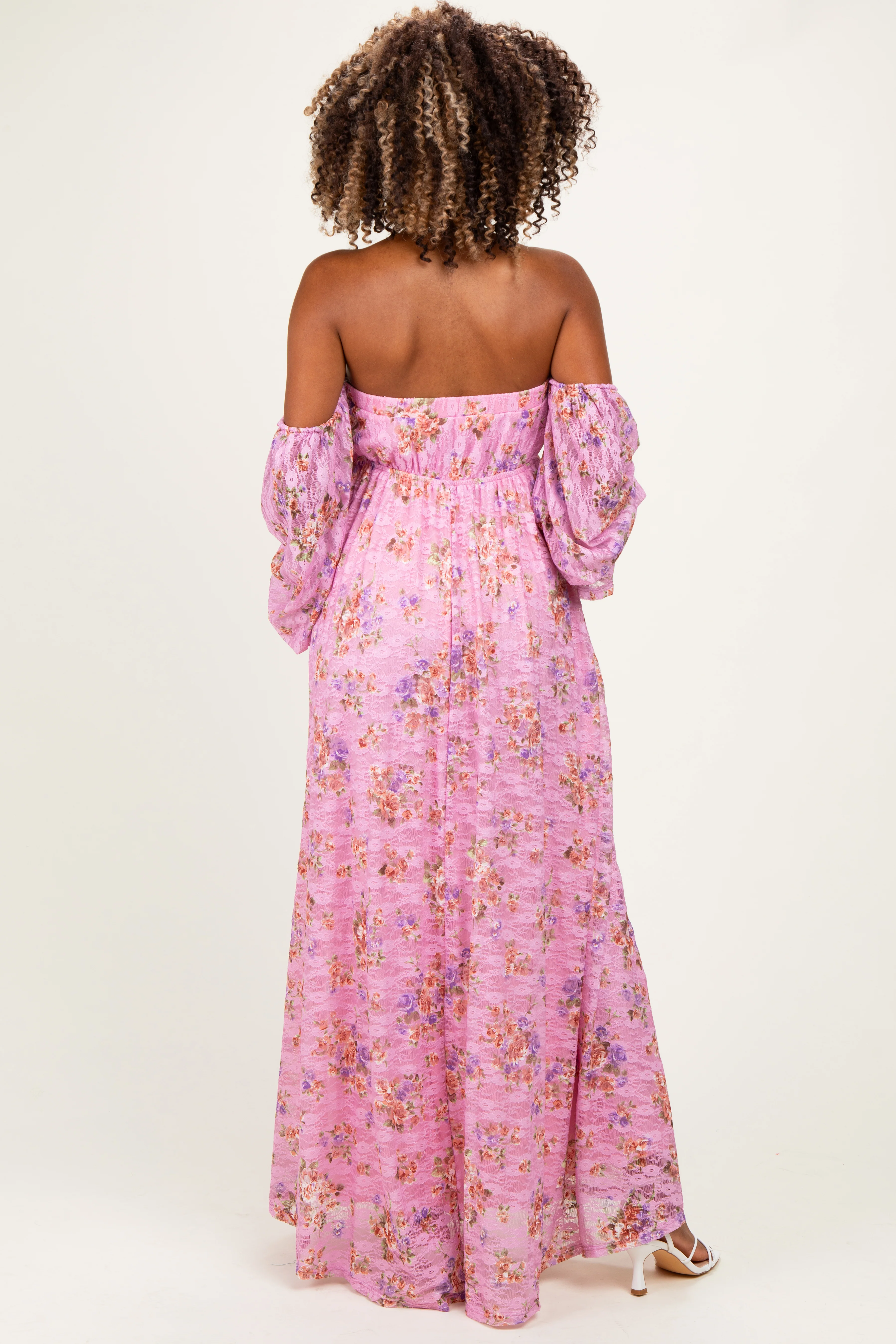 Pink Off Shoulder Long Sleeve Maternity Maxi Dress - Image 3