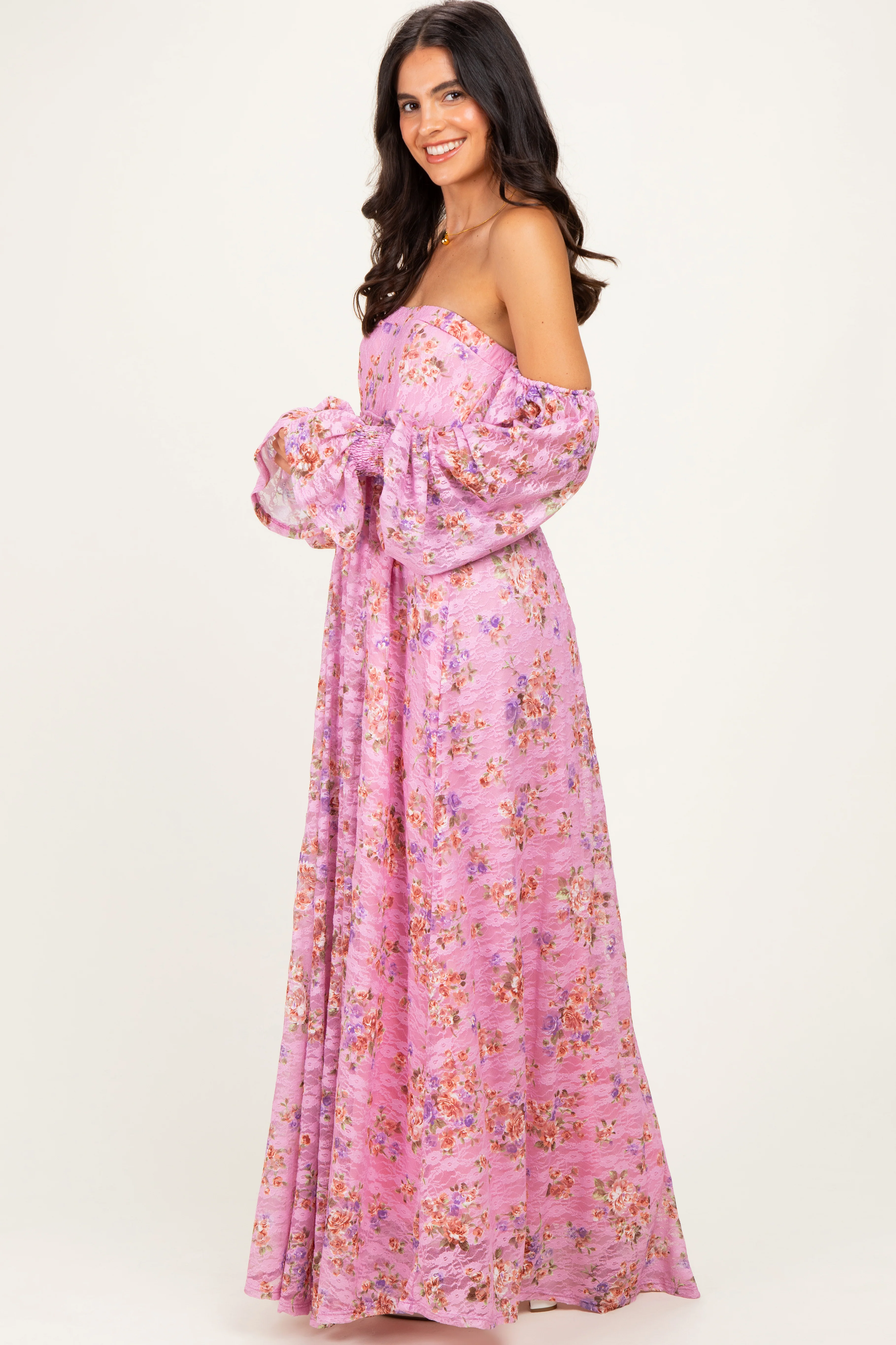 Pink Off Shoulder Long Sleeve Maxi Dress - Image 2
