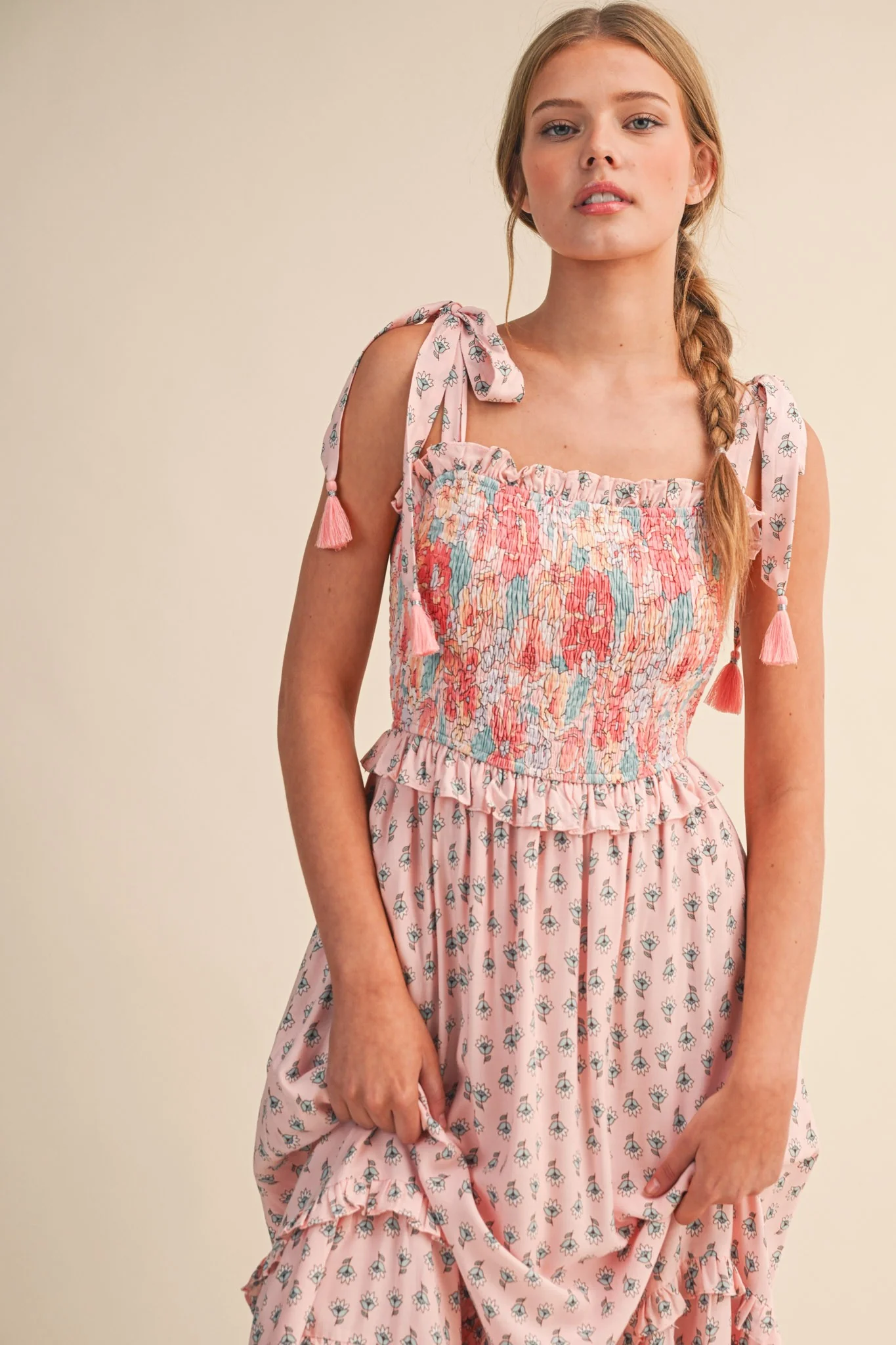 Pink Peach Multi Floral Smocked Midi Dress - Image 4