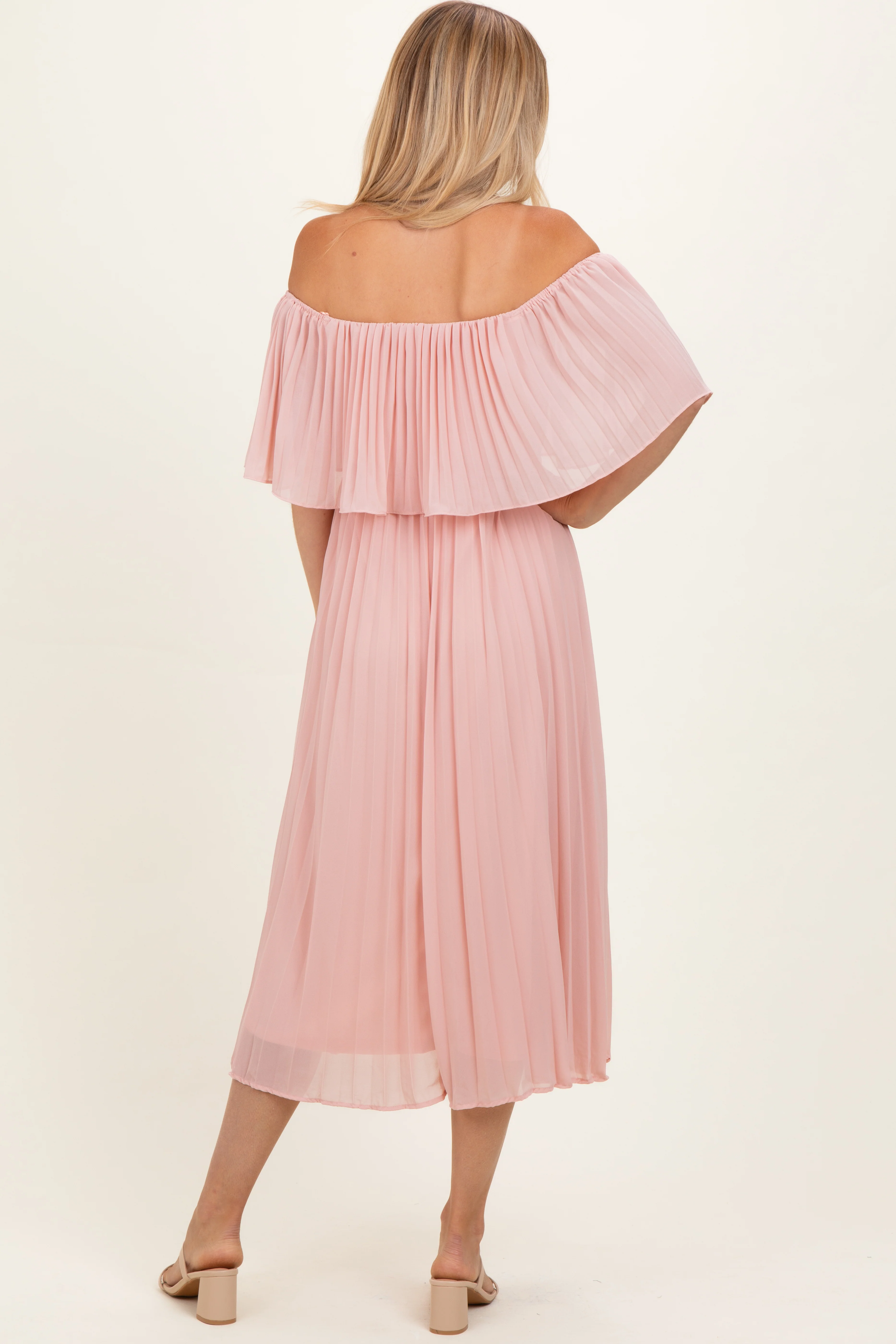 Pink Pleated Off Shoulder Flounce Midi Dress - Image 3