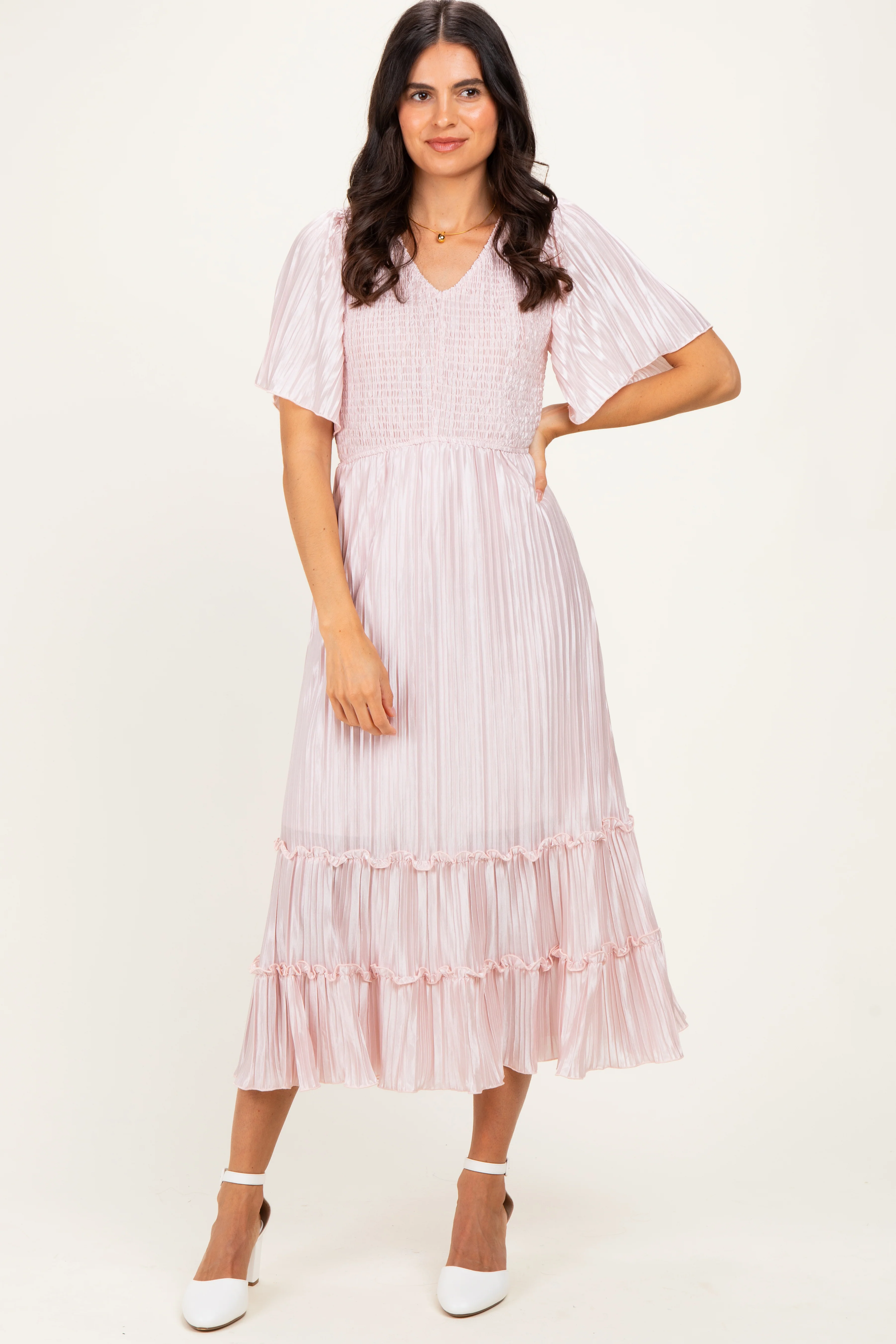 Pink Pleated Satin Smocked Maternity Midi Dress - Image 4