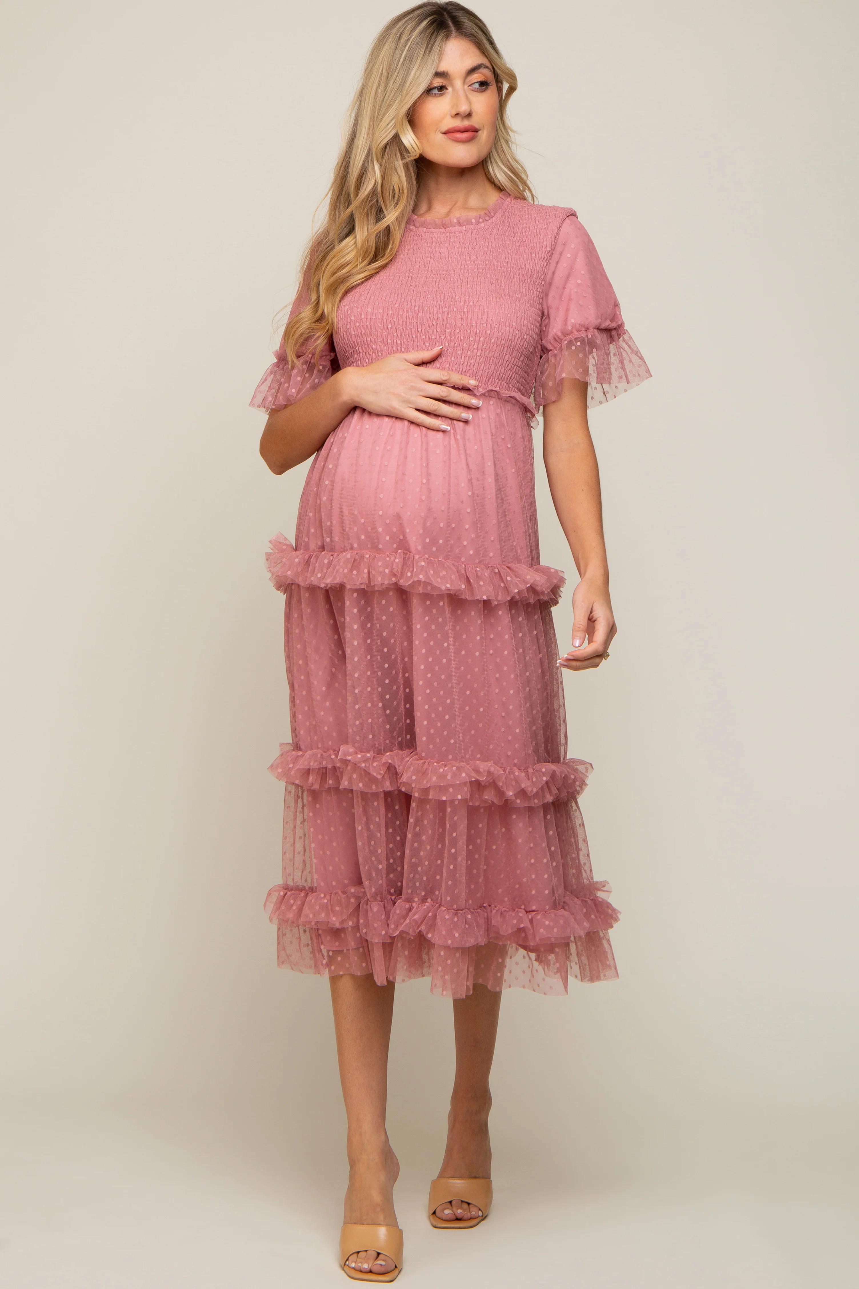 Pink Polka Dot Tulle Smocked Maternity Midi Dress - Image 4