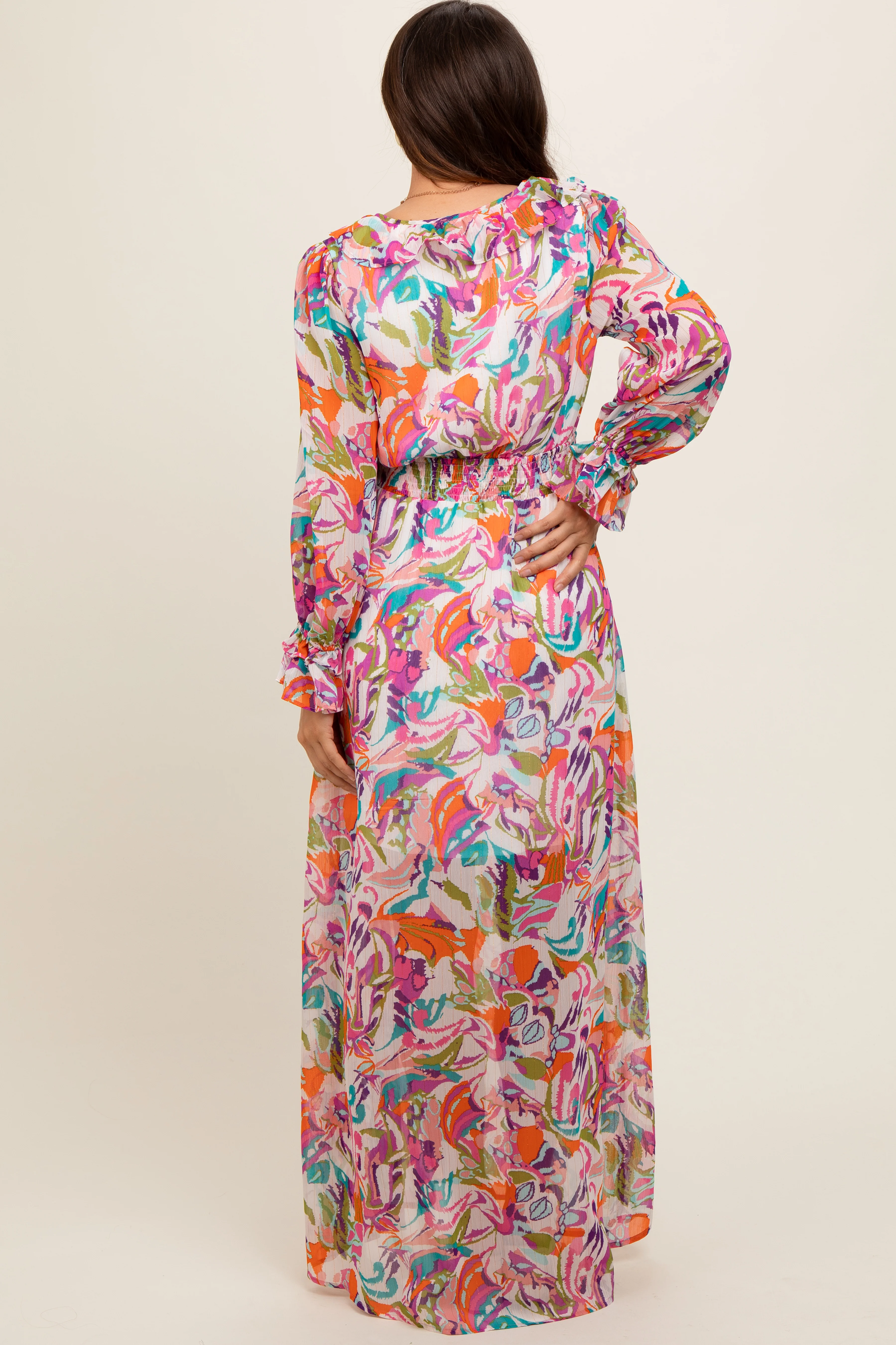 Pink Print Ruffle Long Sleeve Maternity Maxi Dress - Image 4