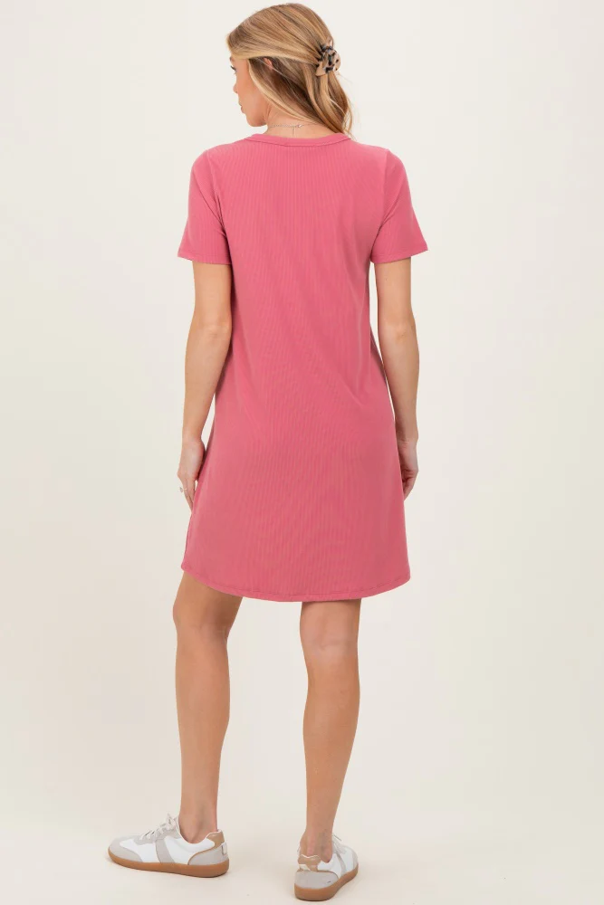 Pink Ribbed Knit Basic Short Sleeve Maternity T-Shirt Dress - Image 3