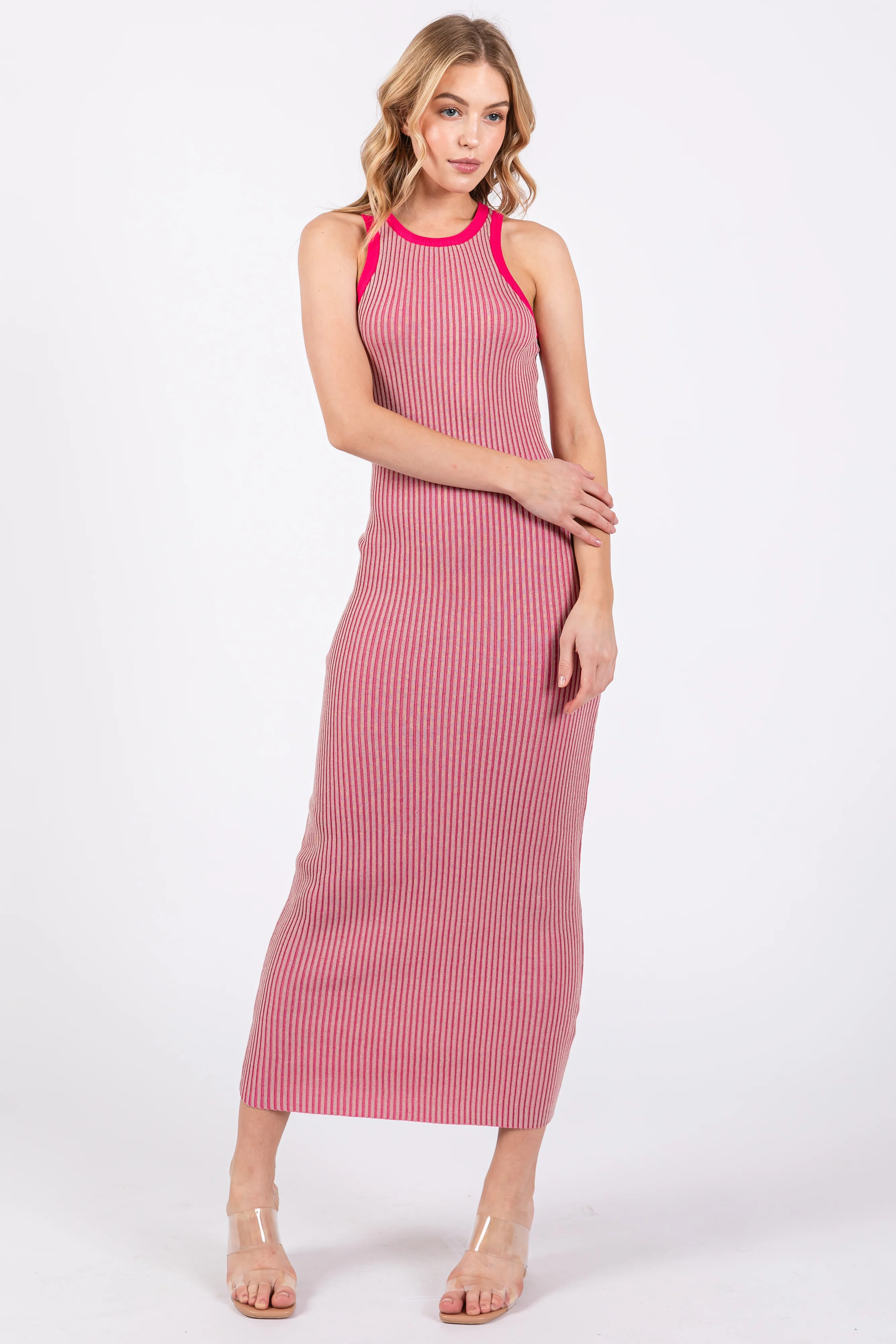 Pink Ribbed Knit Sleeveless Fitted Maternity Midi Dress - Image 4