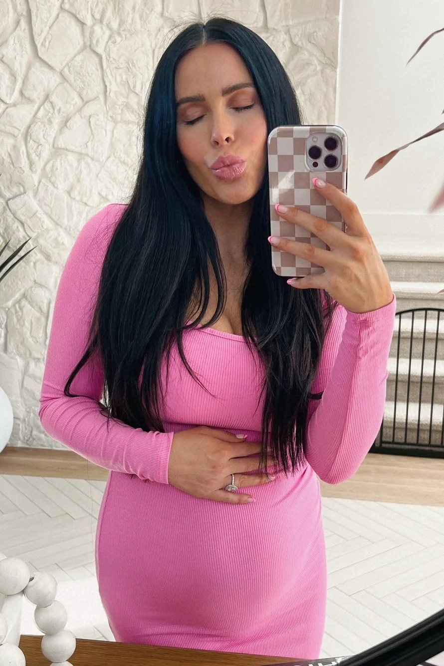 Pink Ribbed Long Sleeve Square Neck Maternity Maxi Dress - Image 6