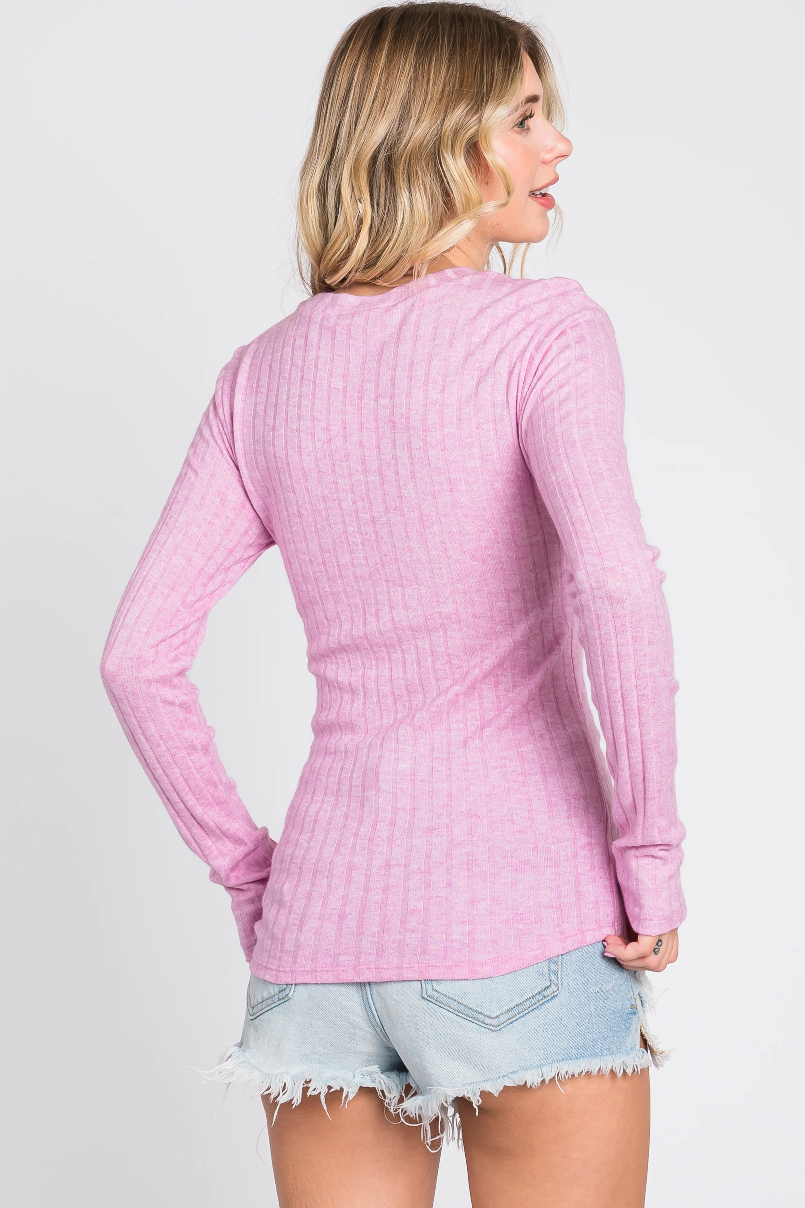 Pink Ribbed Long Sleeve Top - Image 3