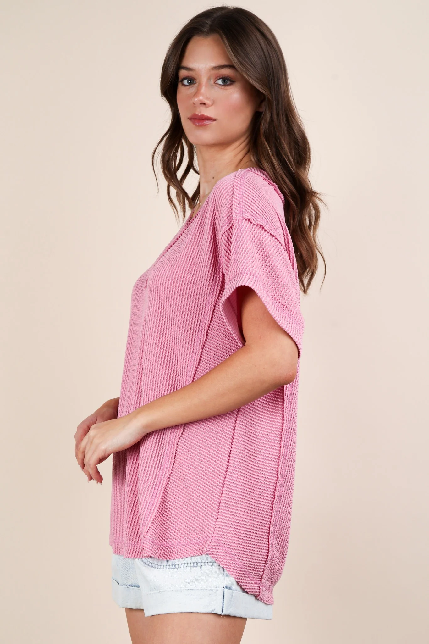 Pink Ribbed Raw Hem Short Sleeve Top - Image 3