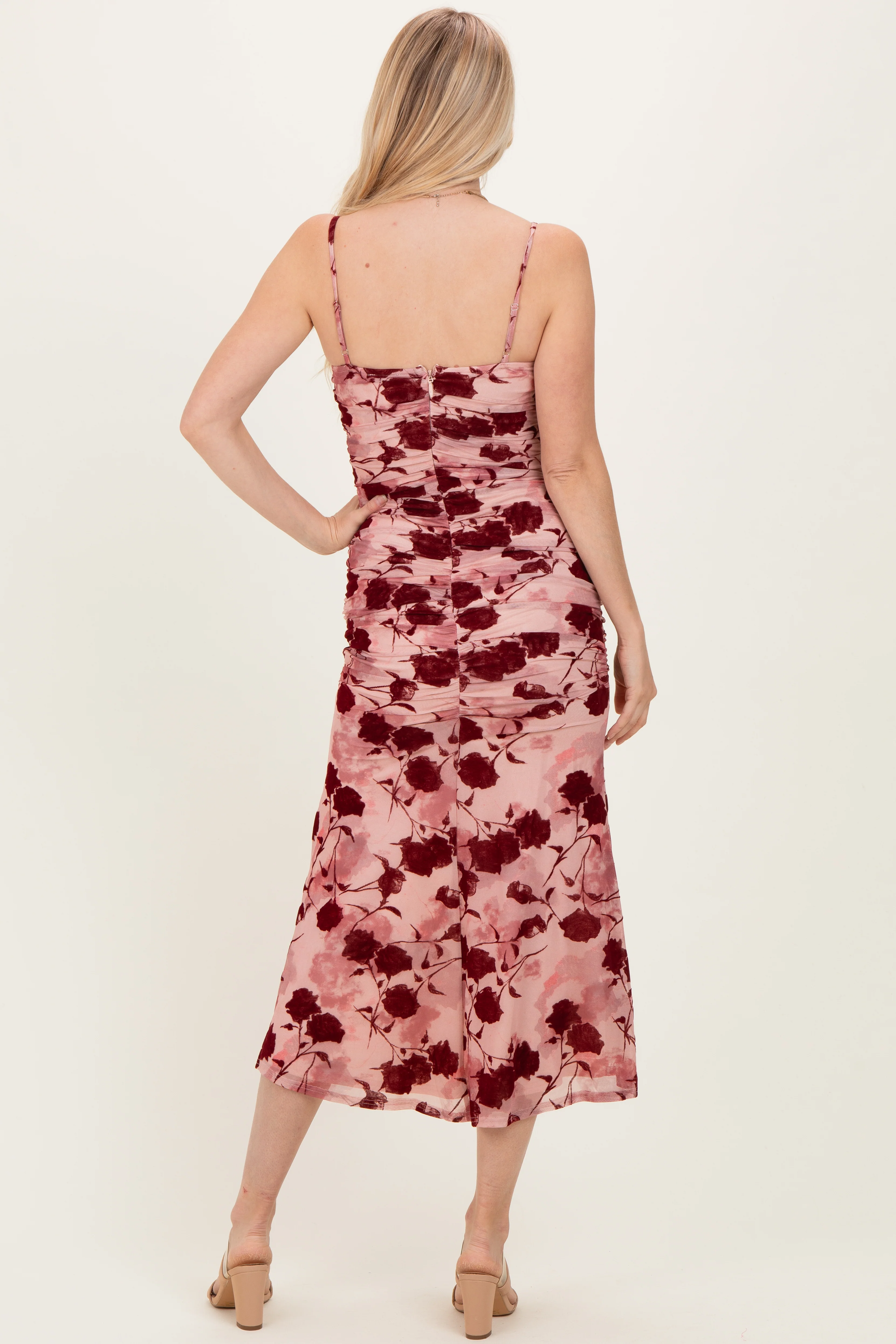 Pink Rose Floral Mesh Ruched Midi Dress - Image 4