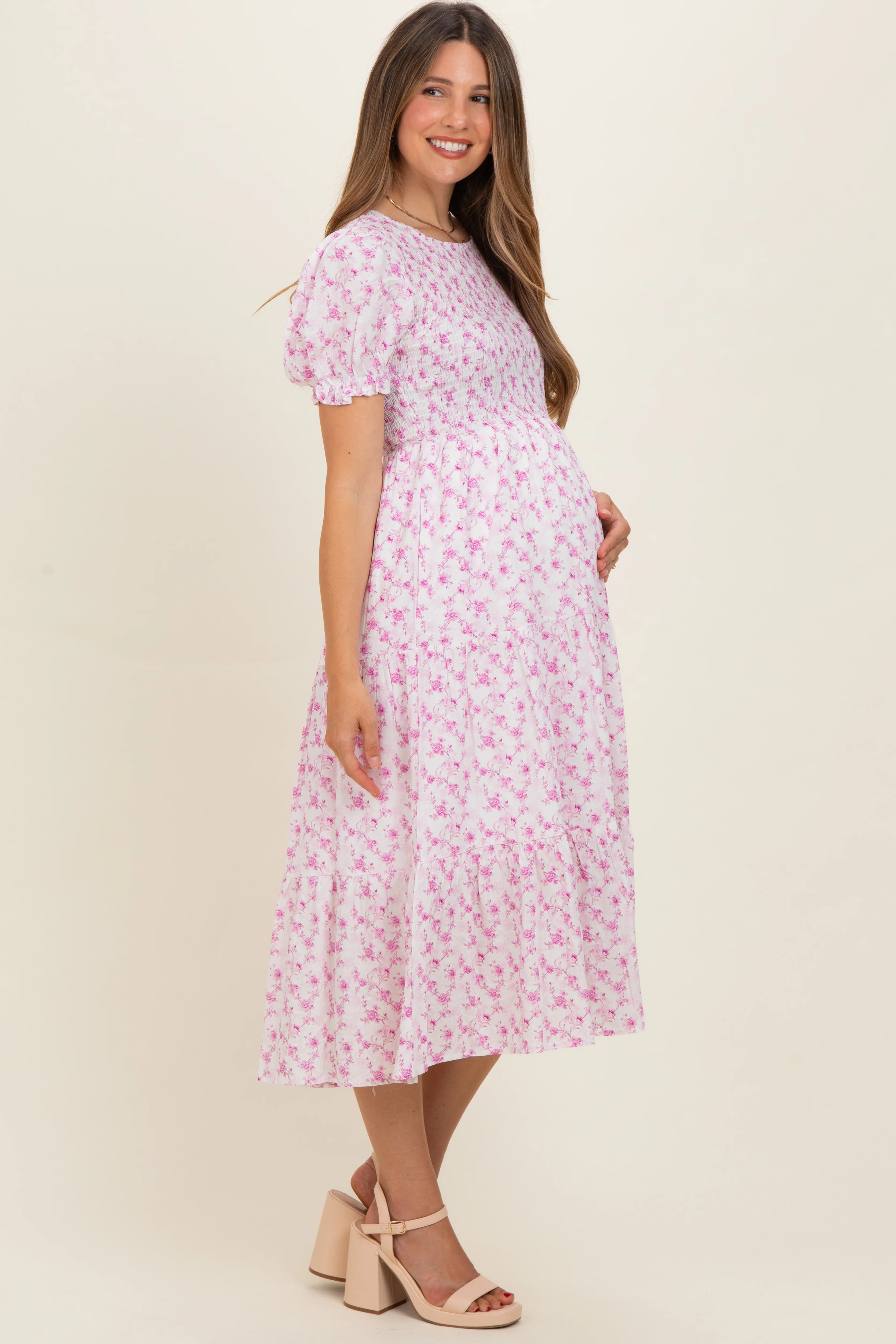 Pink Rose Floral Smocked Puff Sleeve Maternity Midi Dress - Image 3