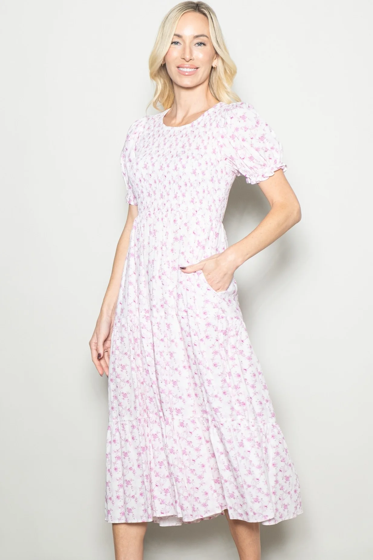 Pink Rose Floral Smocked Puff Sleeve Maternity Midi Dress - Image 5