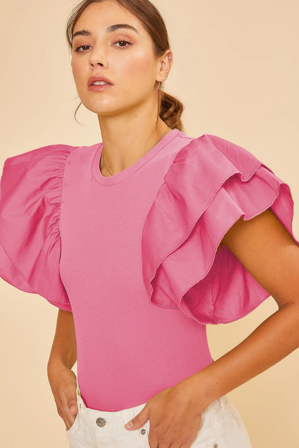 Pink Ruffle Sleeve Crew Neck Knit Bodysuit - Image 2