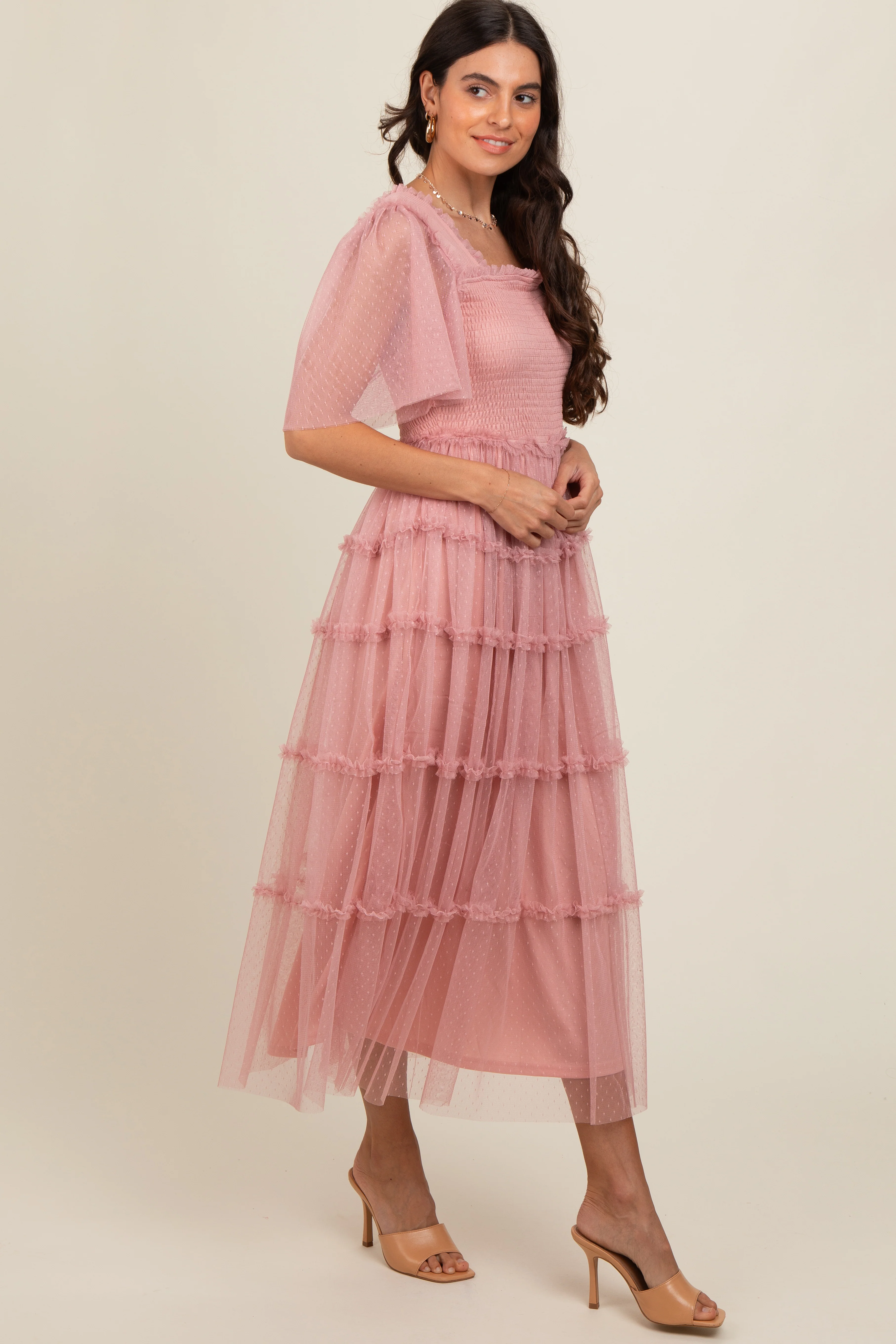 Pink Ruffled Mesh Maxi Dress - Image 3