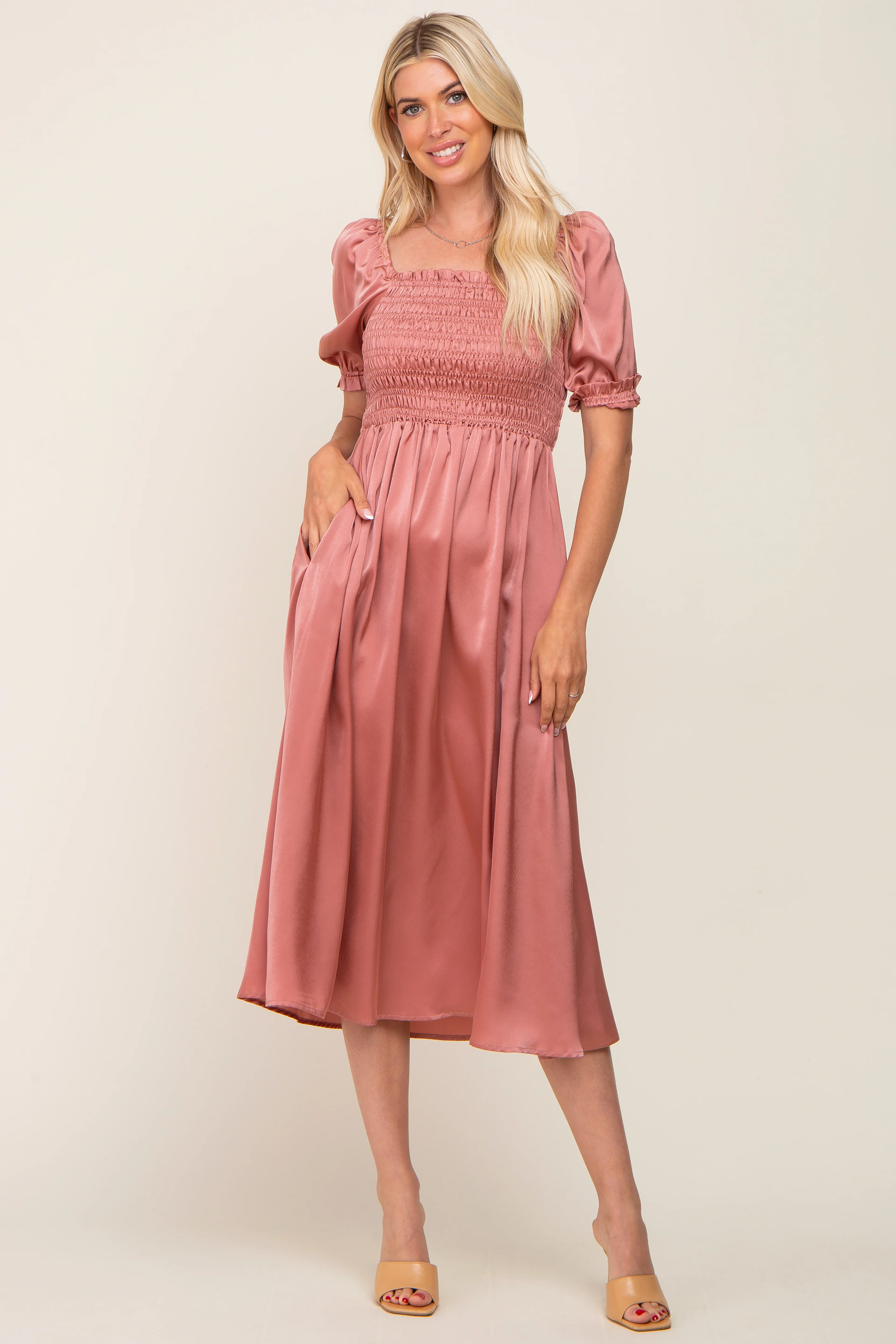 Pink Satin Puff Sleeve Maternity Midi Dress - Image 5