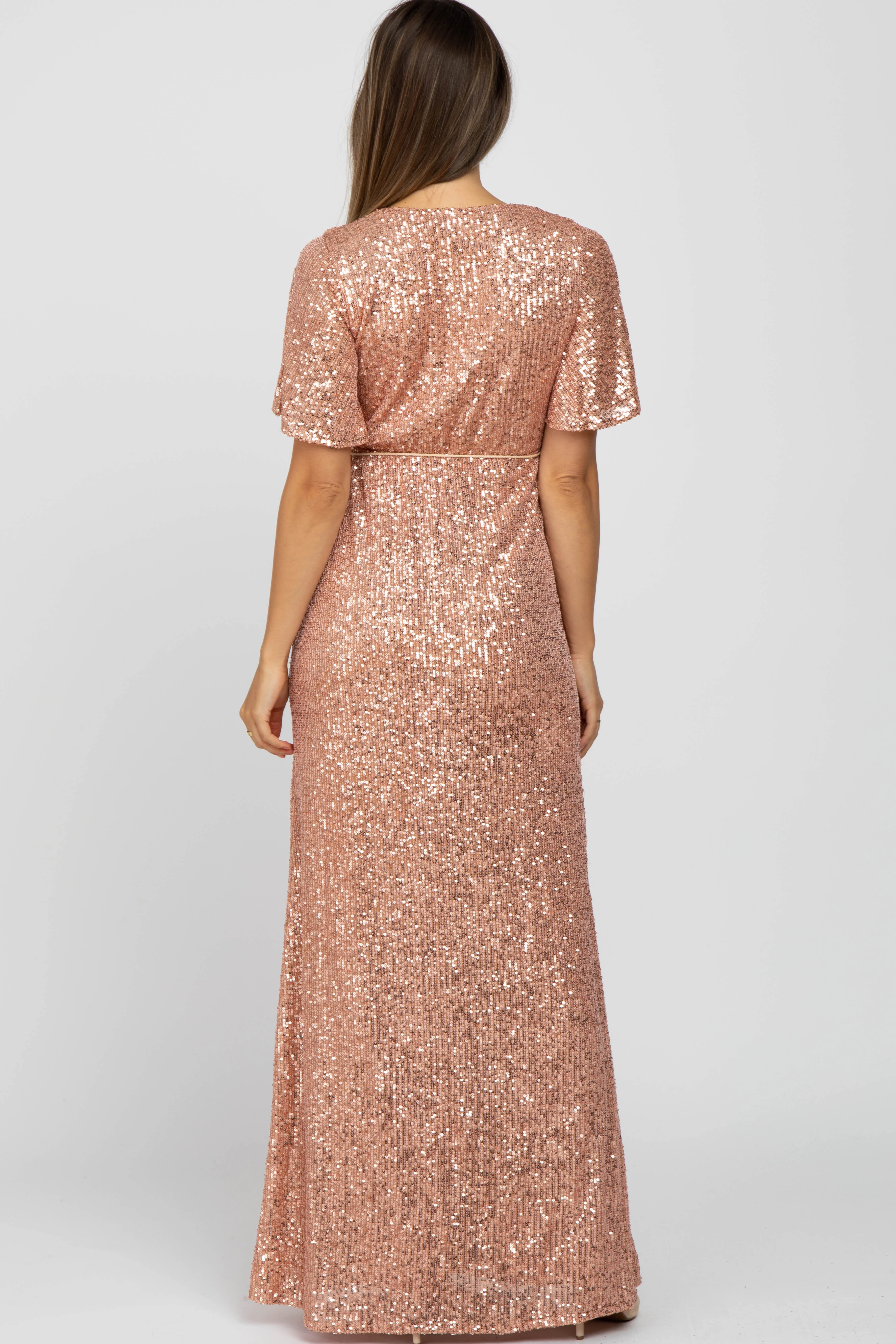 Pink Sequin Short Sleeve Maternity Maxi Dress - Image 3
