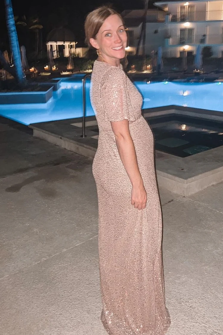Pink Sequin Short Sleeve Maternity Maxi Dress - Image 8