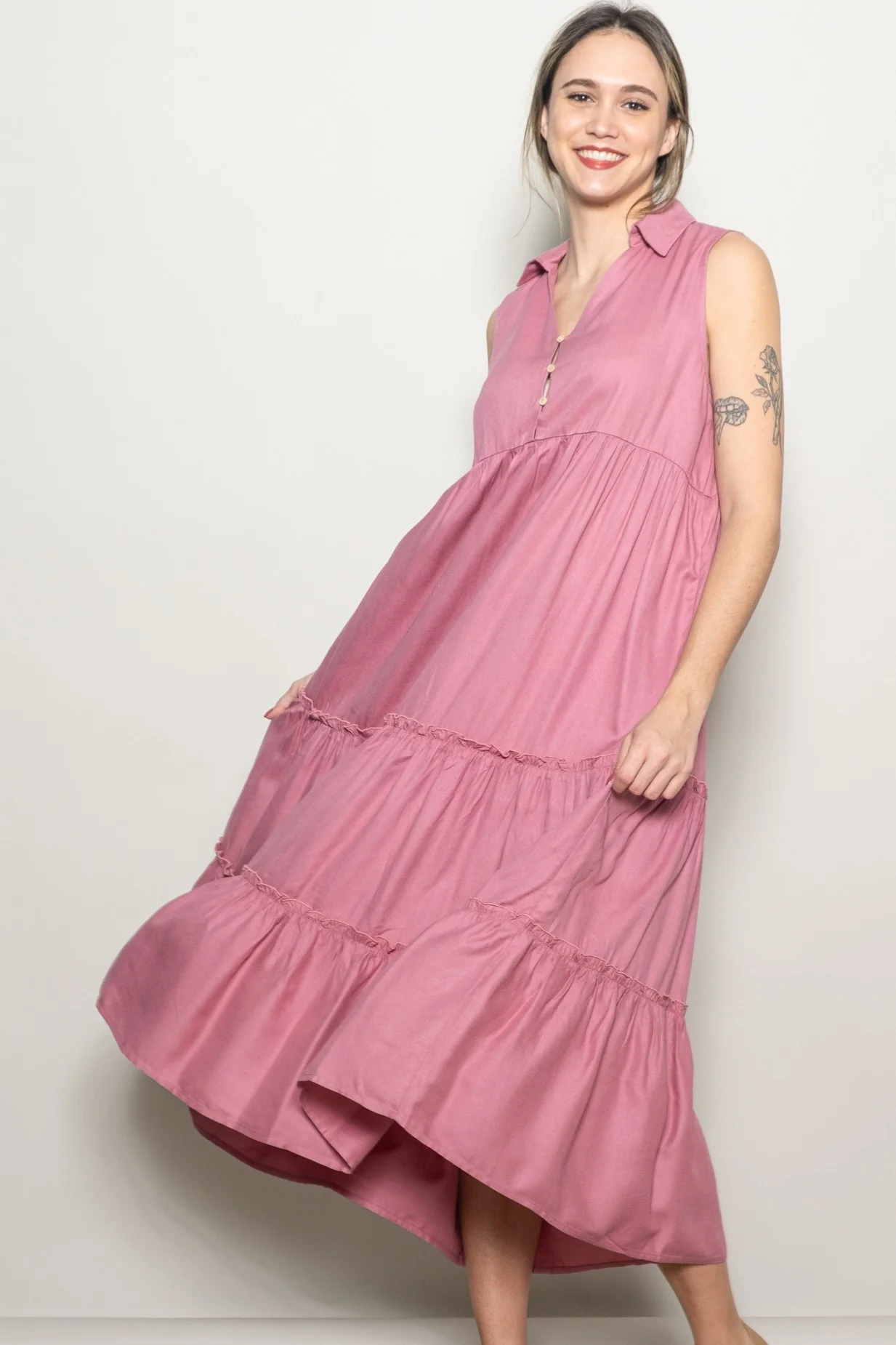 Pink Sleeveless Button Up Tiered Maxi Dress - Image 2