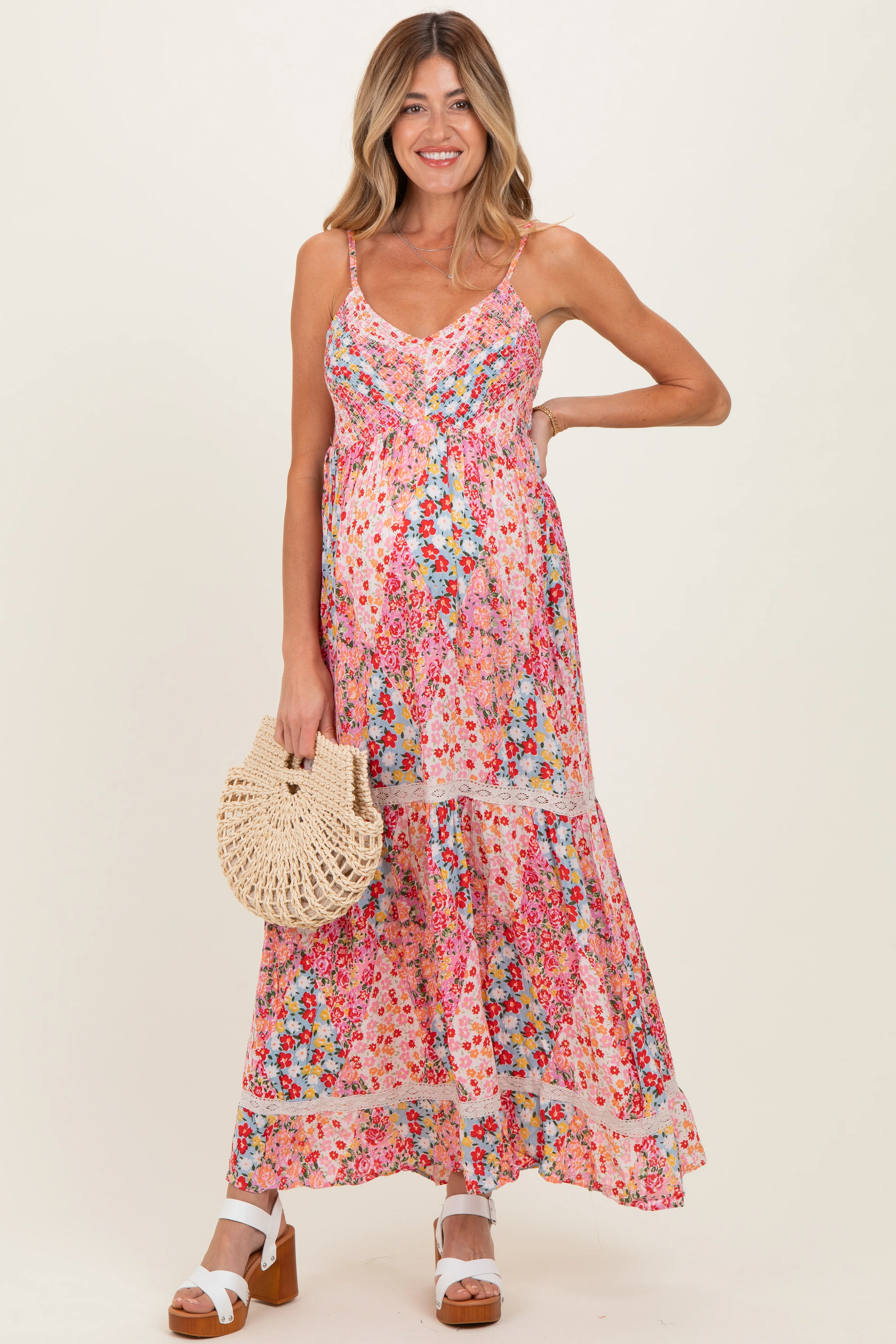 Pink Smocked Bust V Neck Lace Trim Maternity Maxi Dress