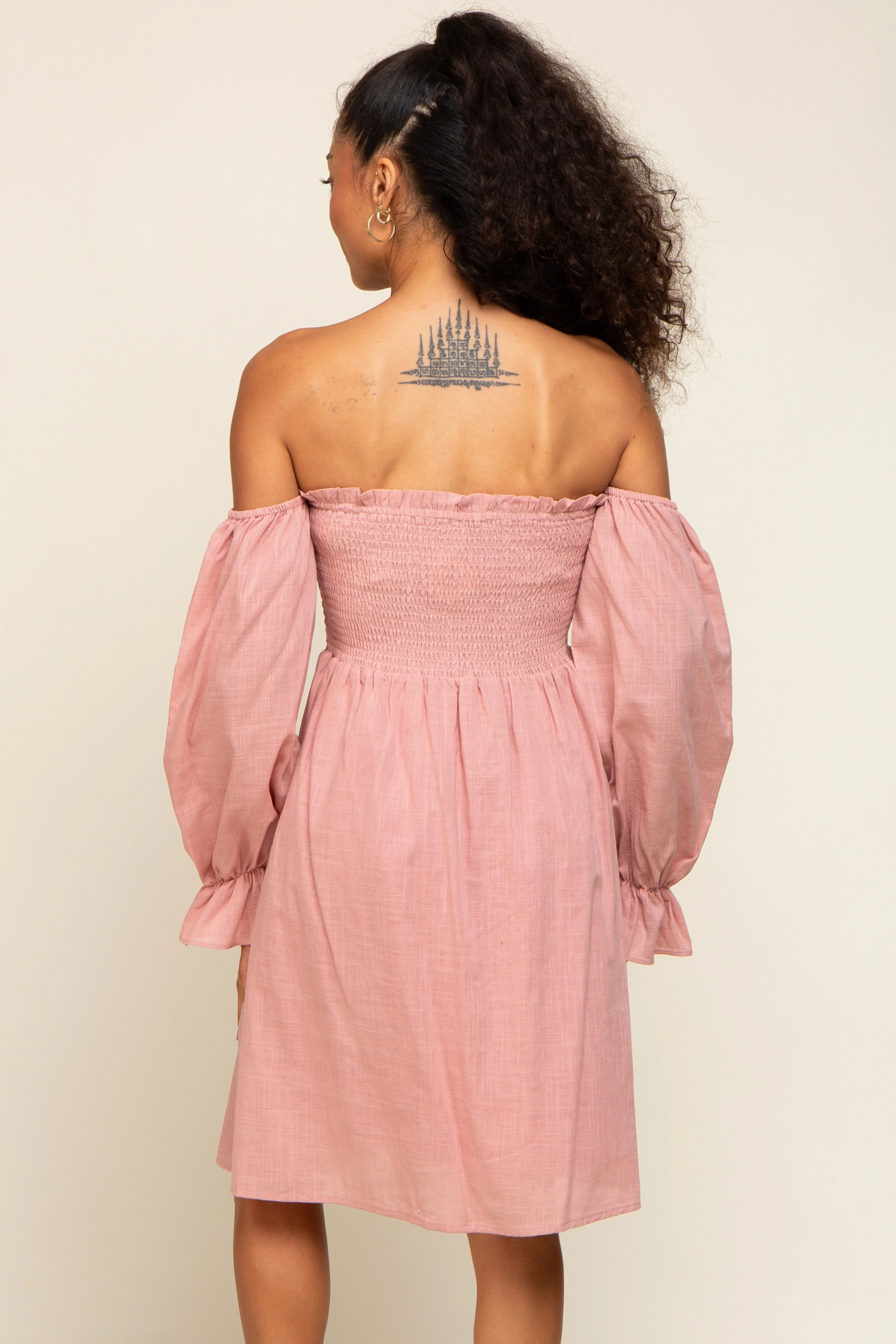Pink Smocked Off Shoulder Long Sleeve Dress - Image 3