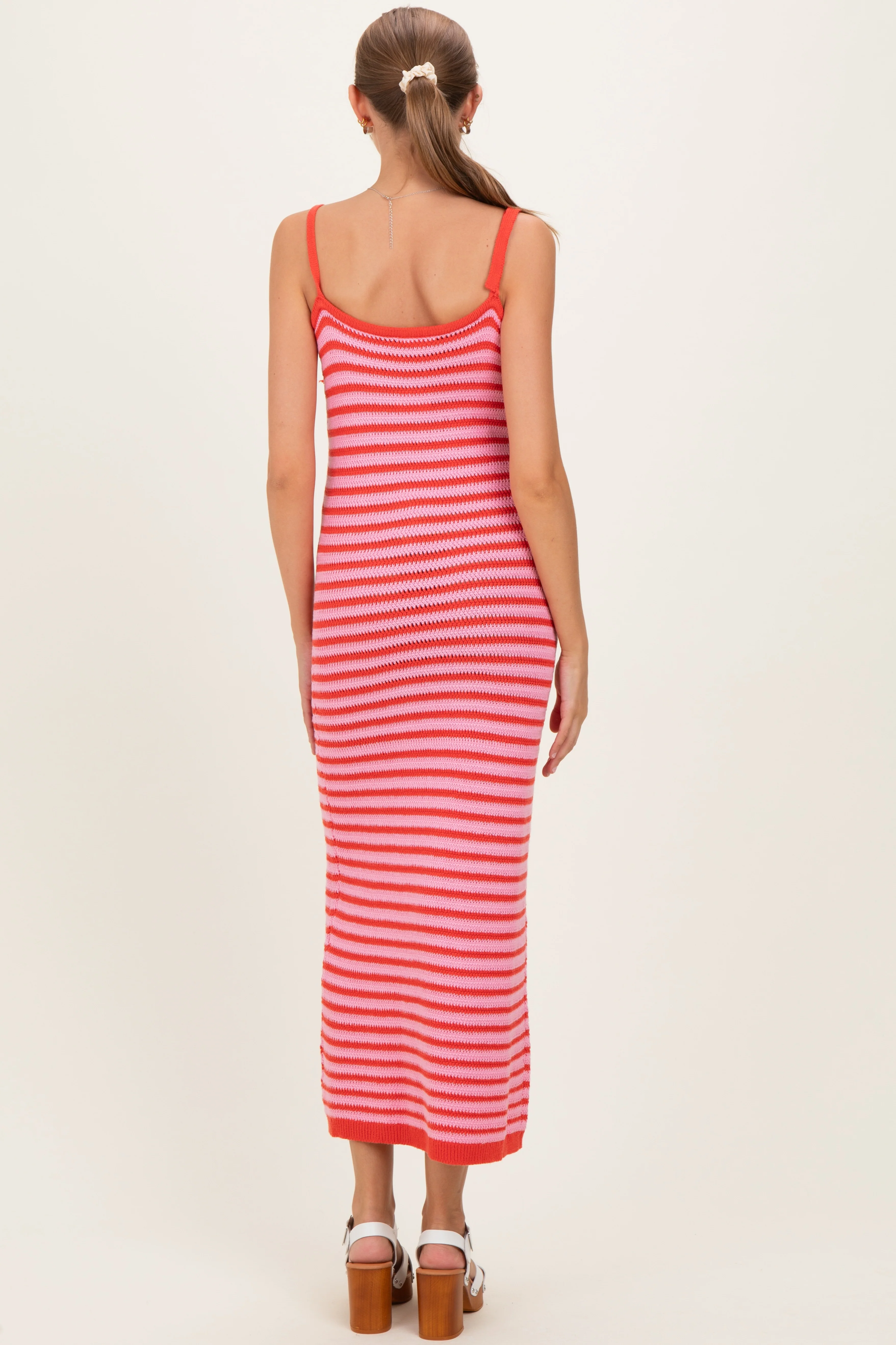 Pink Striped Knit Shoulder Tie Maternity Maxi Dress - Image 3