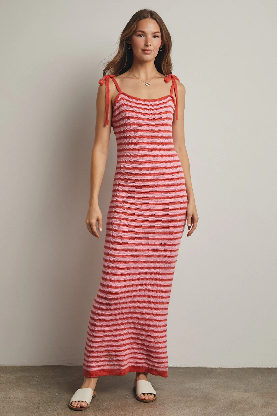 Pink Striped Knit Shoulder Tie Maternity Maxi Dress - Image 4