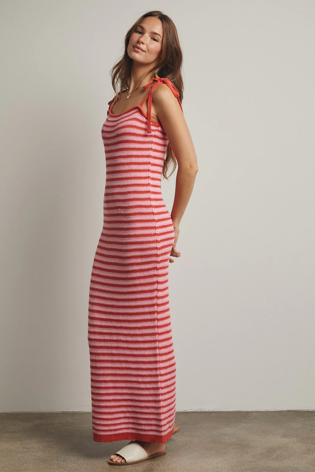 Pink Striped Knit Shoulder Tie Maxi Dress - Image 3