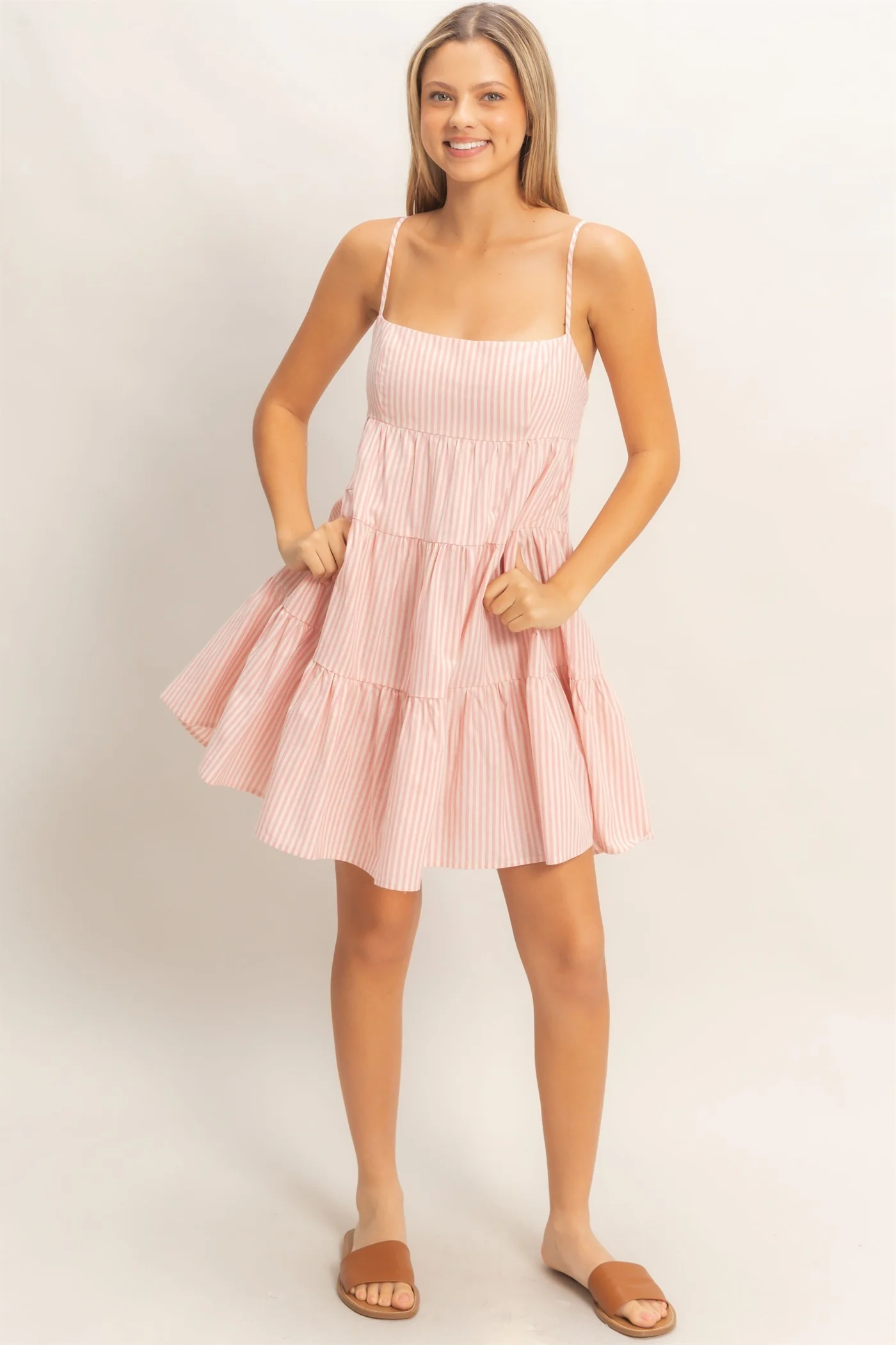 Pink Striped Tiered Cutout Dress - Image 3