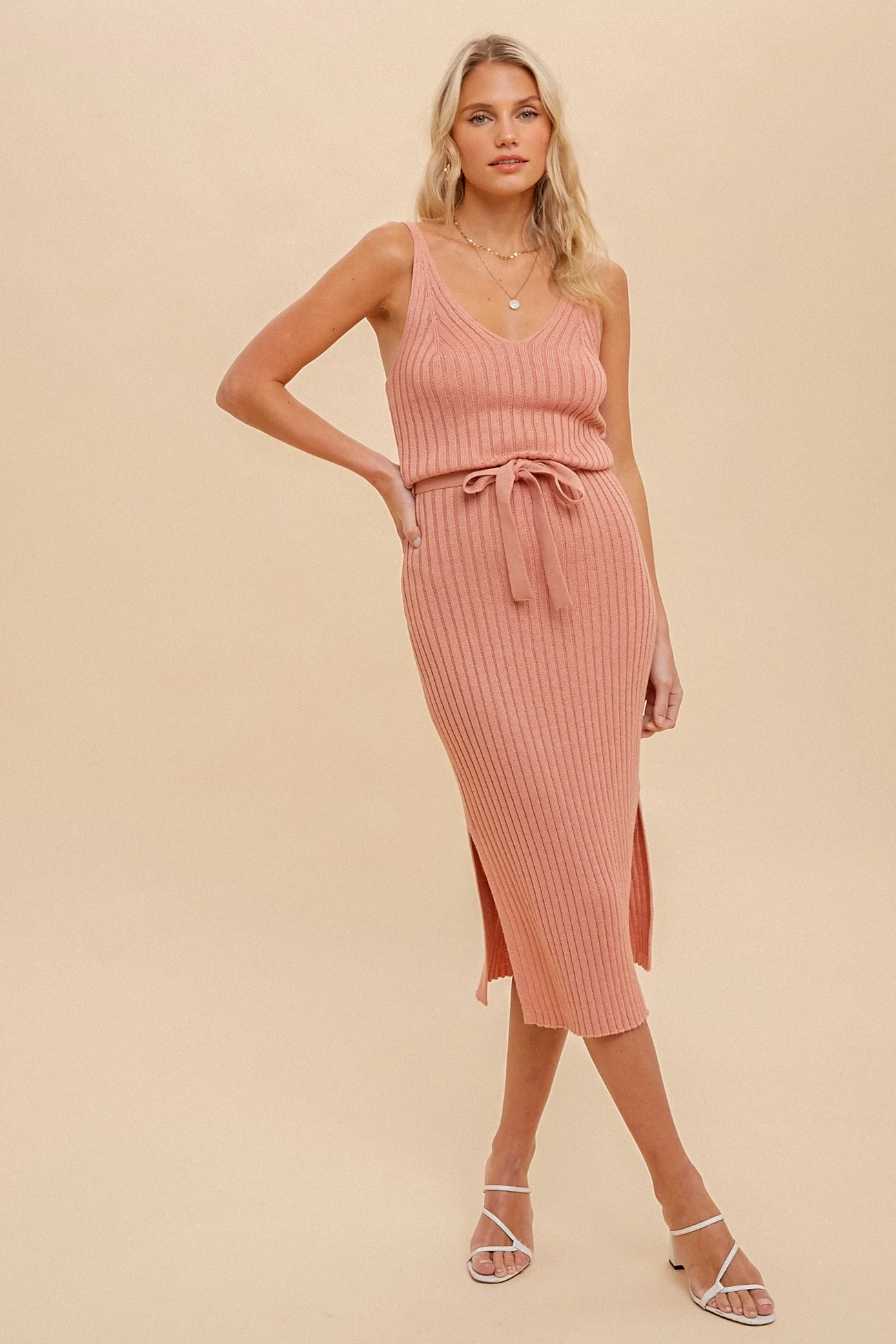 Pink Tank Rib Side Slit Midi Dress - Image 2