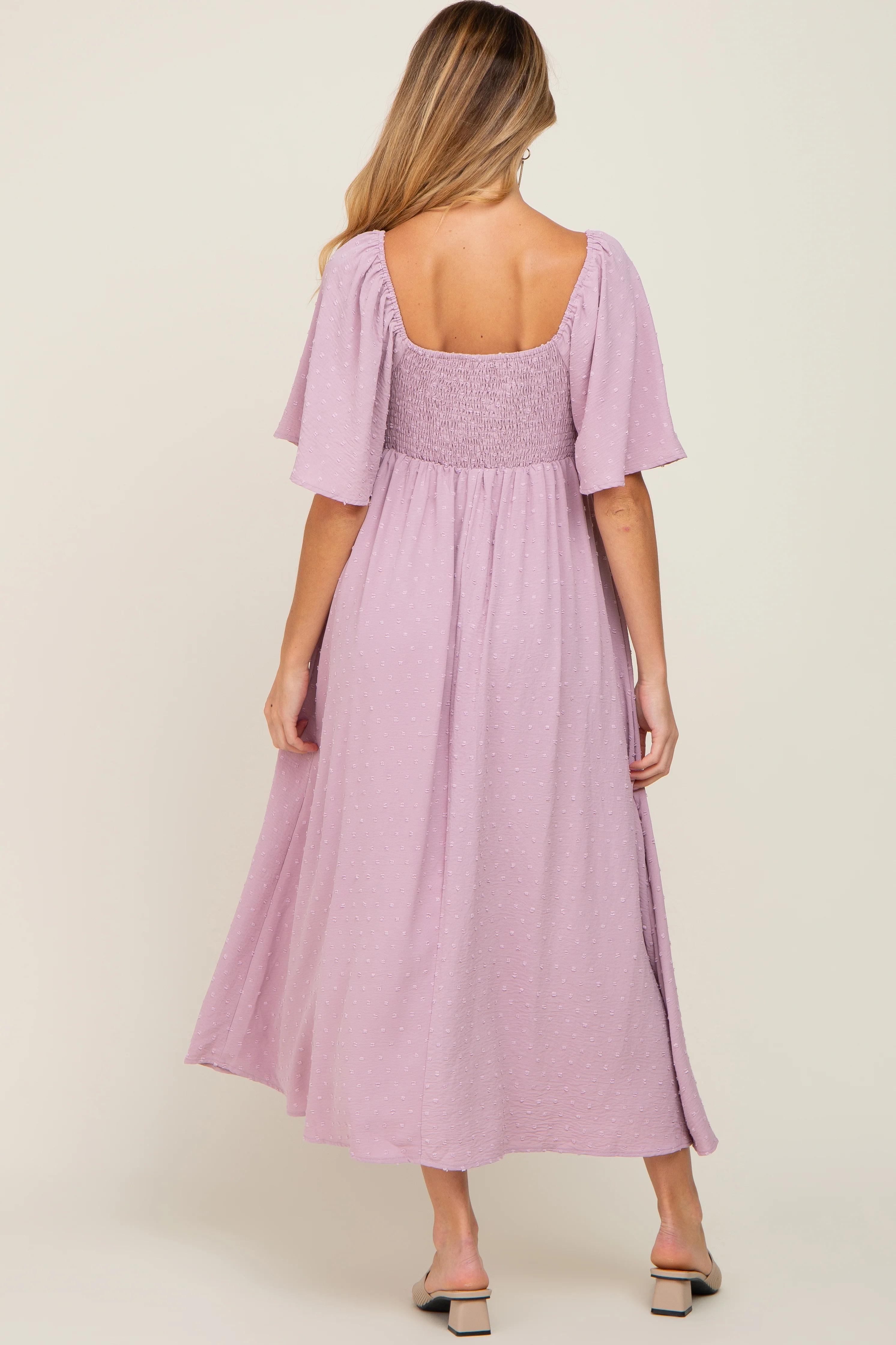 Pink Textured Dot Front Tie Ruffle Sleeve Maternity Midi Dress - Image 4