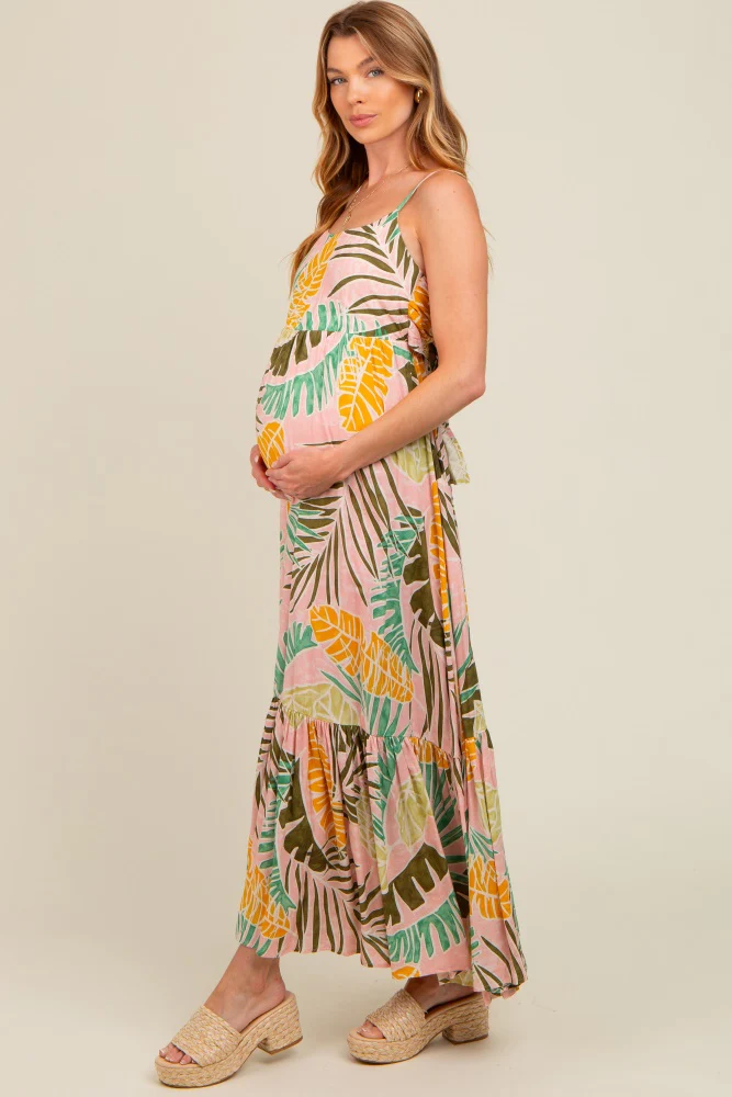 Pink Tropical Print Maternity Maxi Dress - Image 2