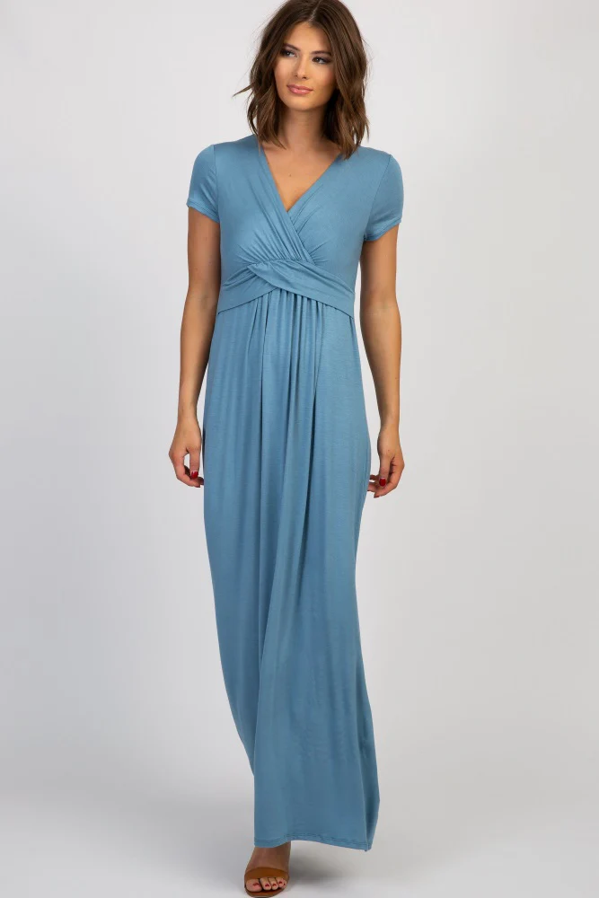 PinkBlush Blue Draped Maternity/Nursing Maxi Dress - Image 5
