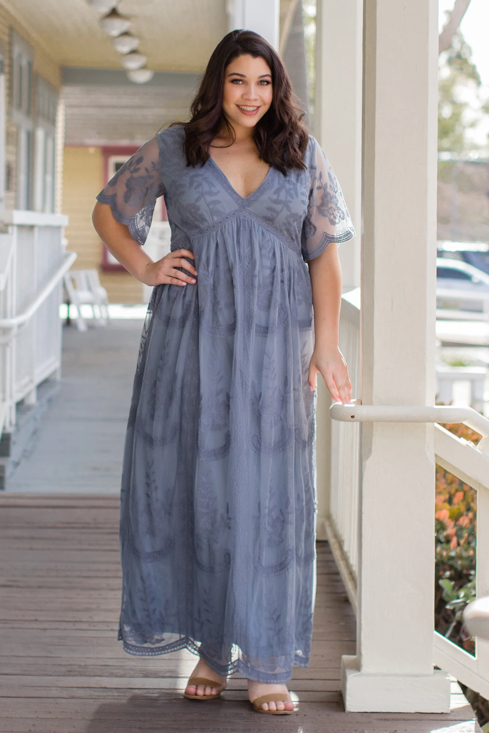 PinkBlush Blue Lace Mesh Overlay Plus Maternity Maxi Dress - Image 3