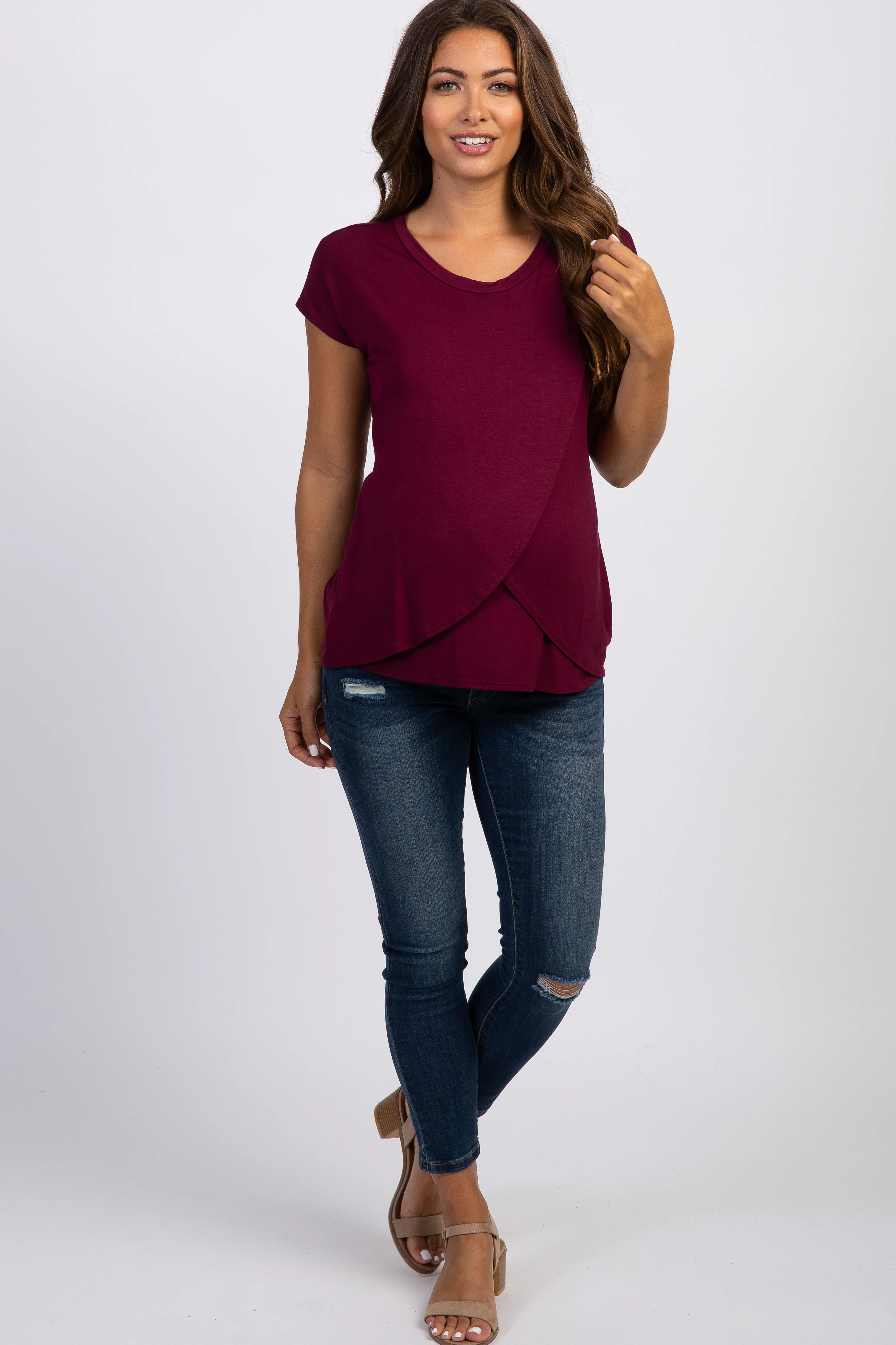 PinkBlush Burgundy Layered Wrap Front Maternity Nursing Top - Image 4