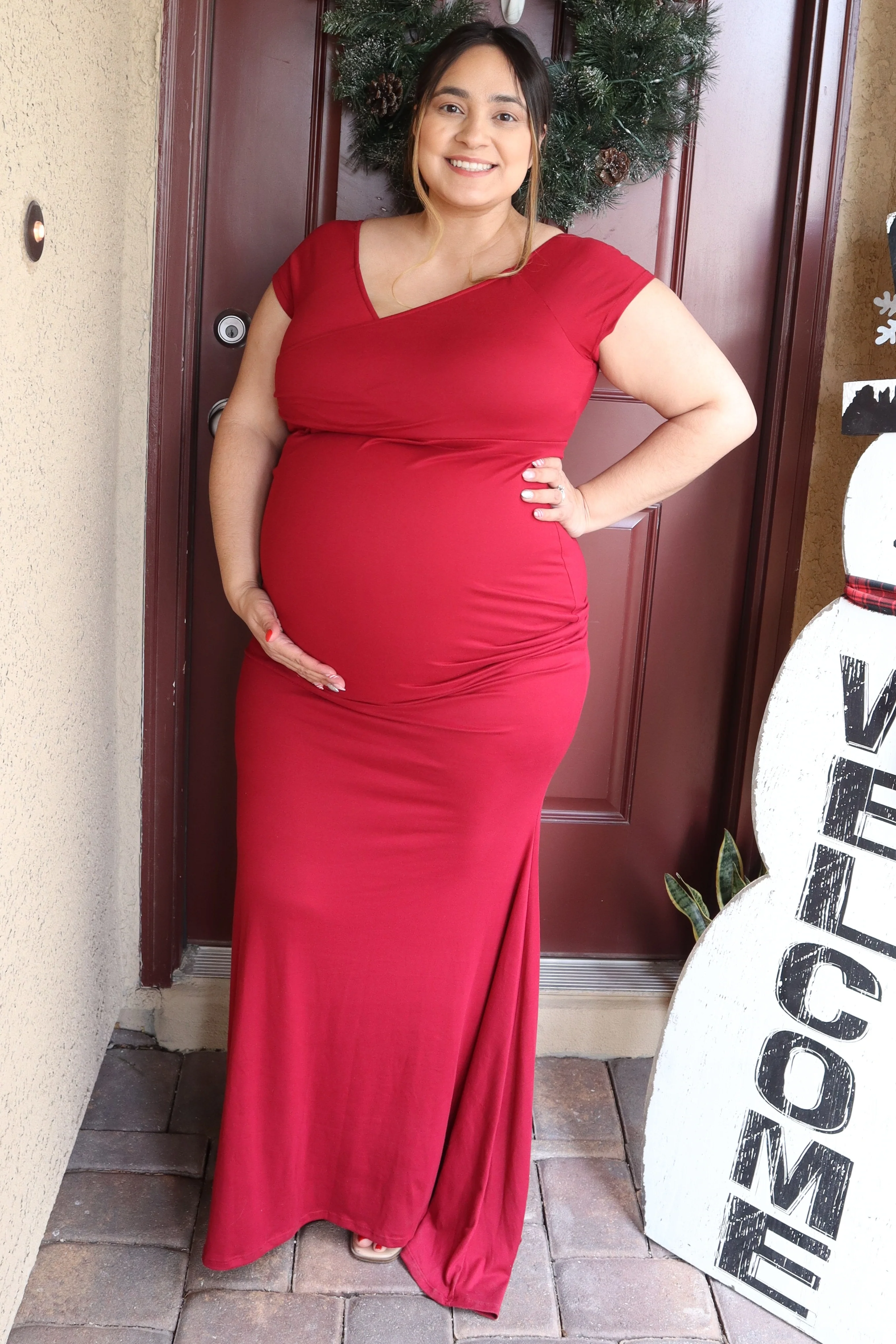 PinkBlush Burgundy Off Shoulder Wrap Maternity Photoshoot Gown/Dress - Image 4