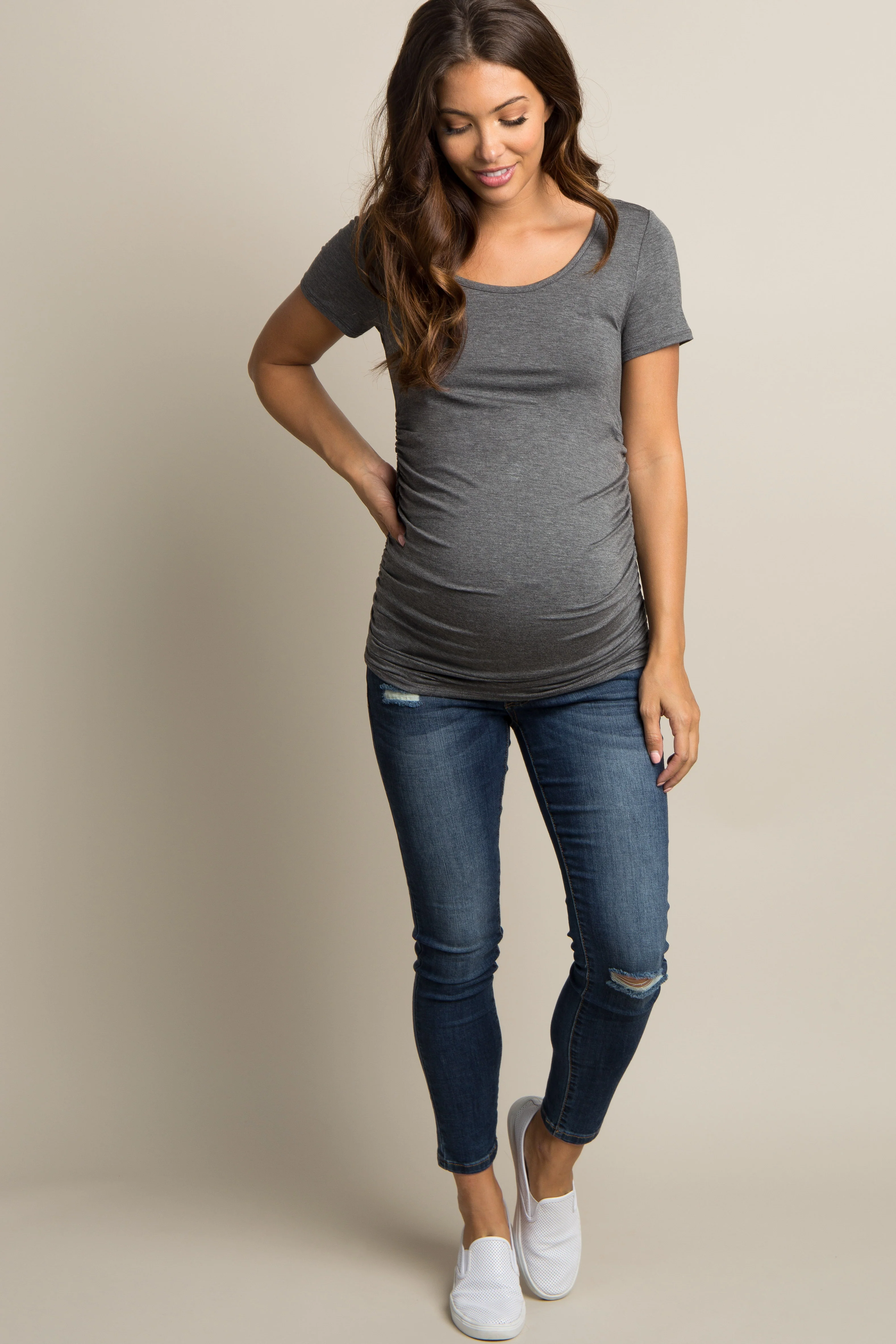 PinkBlush Charcoal Ruched Short Sleeve Maternity Top - Image 4