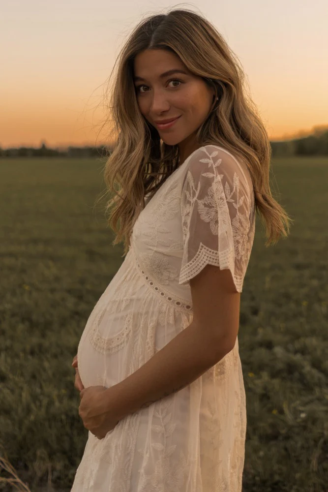 PinkBlush Cream Lace Mesh Overlay Maternity Maxi Dress - Image 5