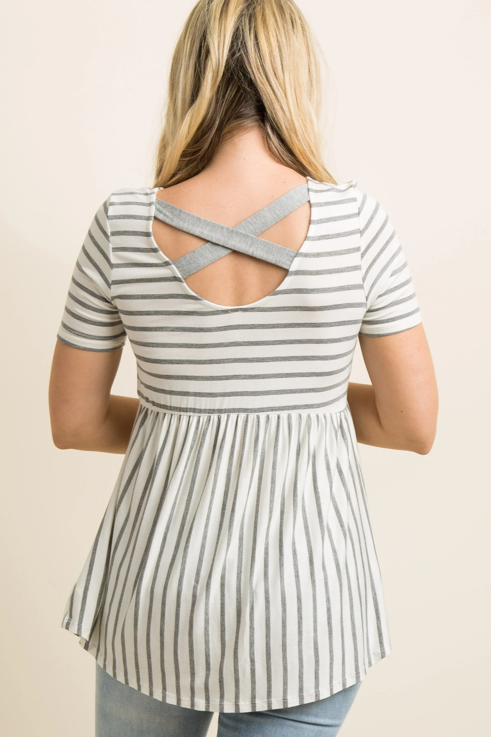 PinkBlush Grey Striped Crisscross Back Peplum Maternity Top - Image 3