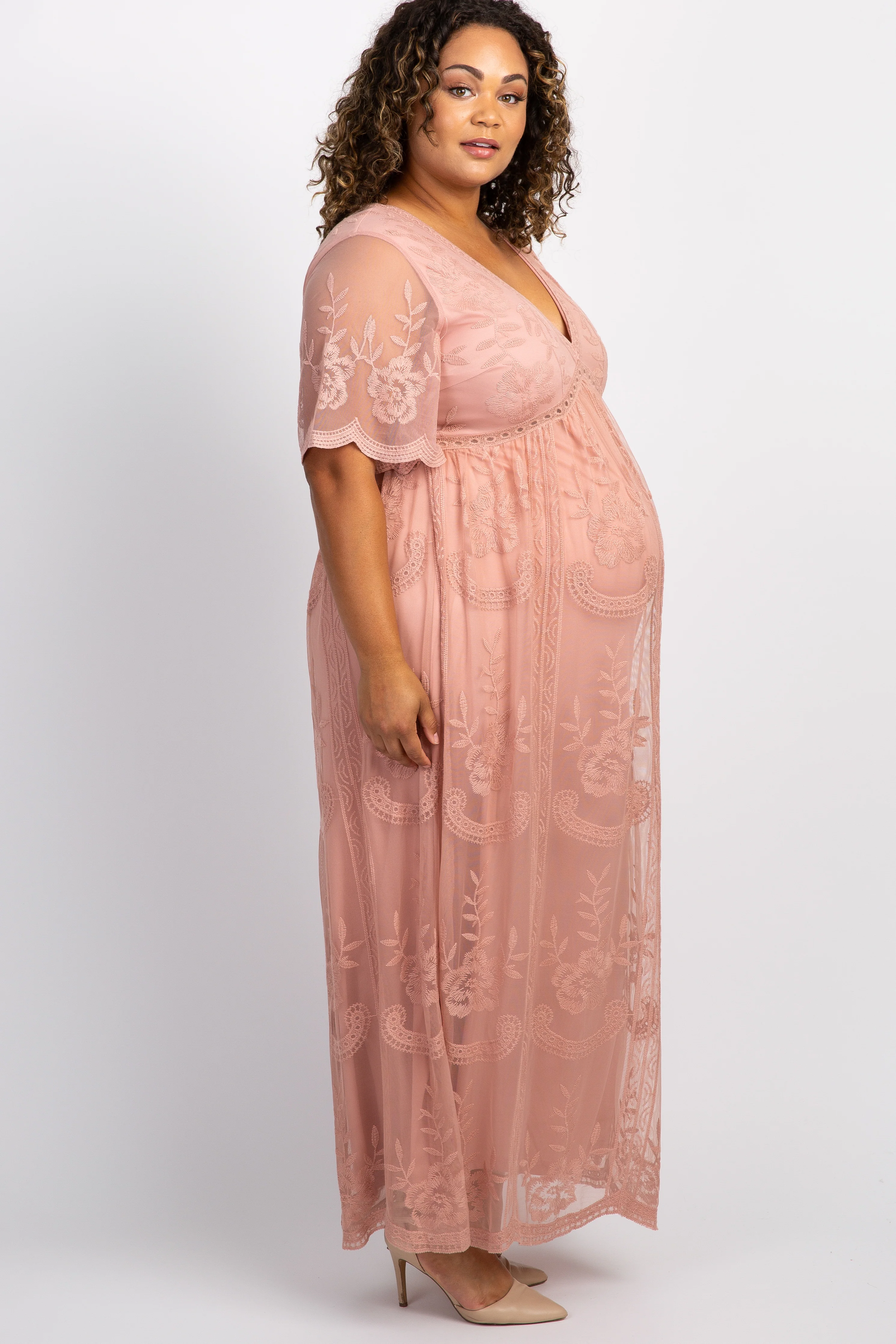 PinkBlush Light Pink Lace Mesh Overlay Plus Maternity Maxi Dress - Image 3