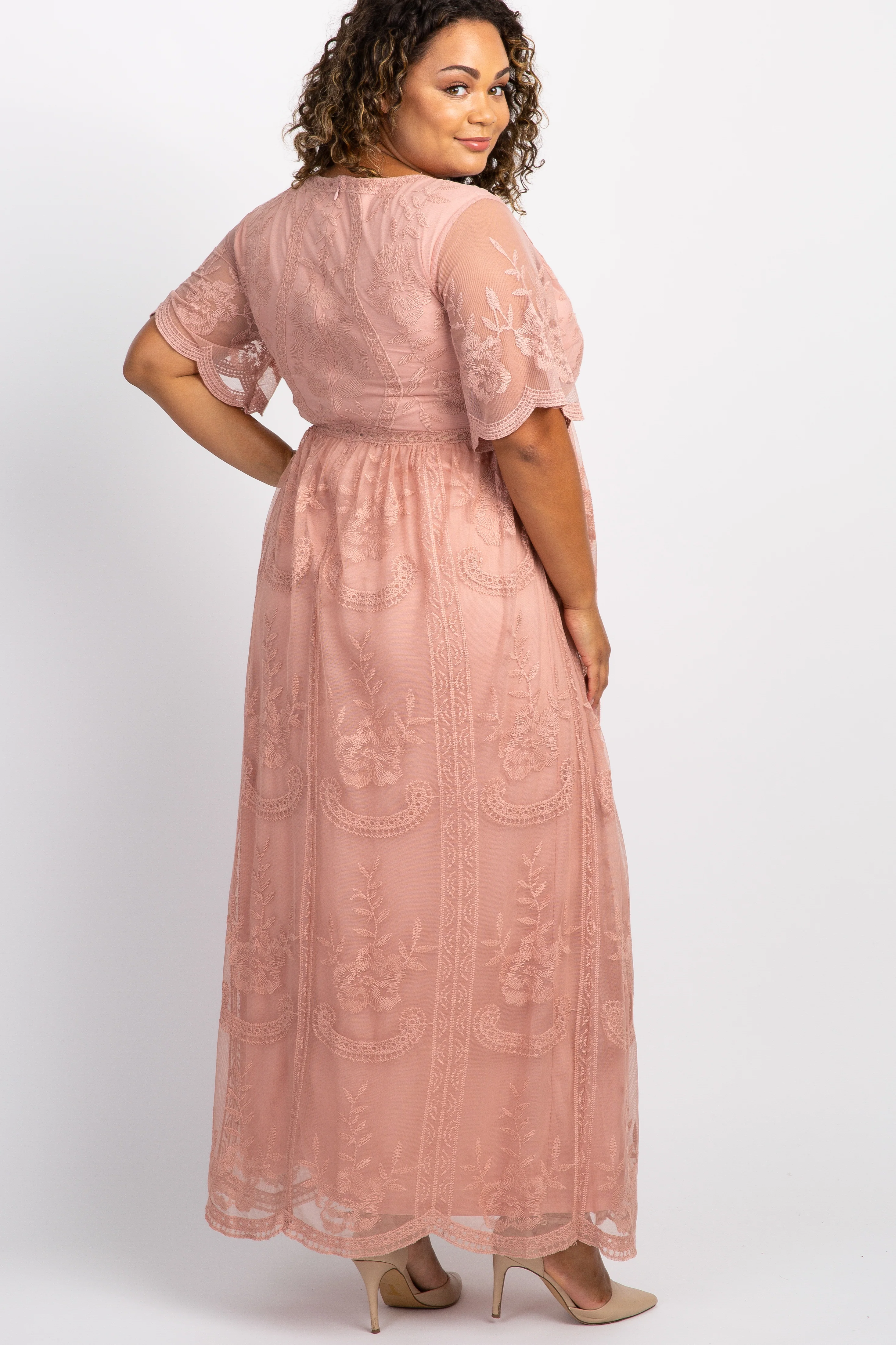 PinkBlush Light Pink Lace Mesh Overlay Plus Maternity Maxi Dress - Image 4